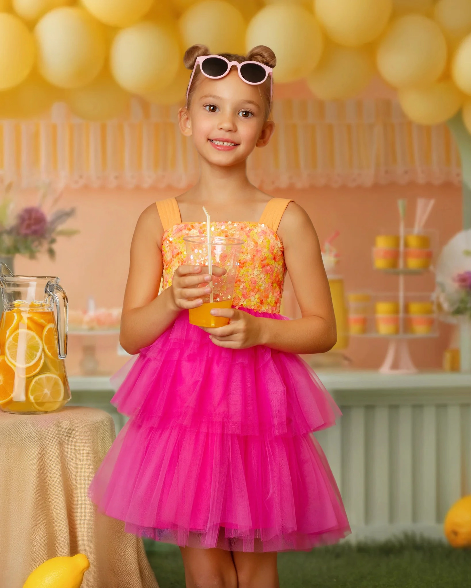 Faeella Girls Pink Lemonade Sequin Tiered Tulle Birthday Dress