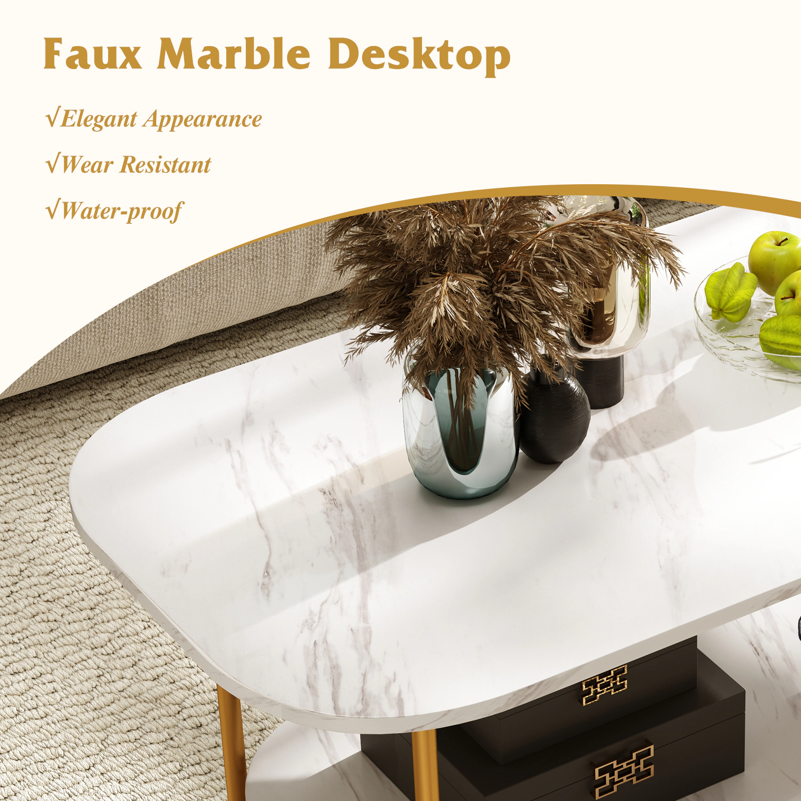 SUGIFT Modern 2-Tier Faux Marble Top Coffee Table 42-in Wide 110-lb Tabletop Capacity 66-lb Shelf Capacity White