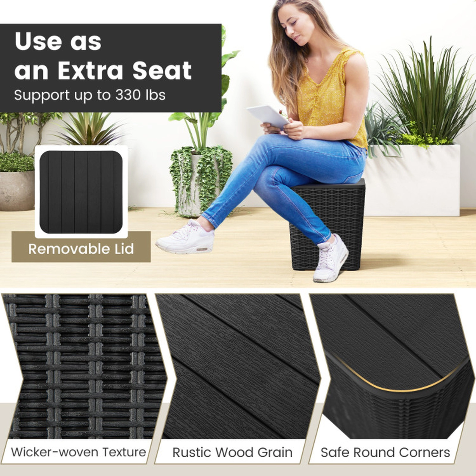 SUGIFT 15-in 330-lb Capacity 11.5-gal Outdoor Polyresin Wicker-Woven Storage Side Table with Removable Lid