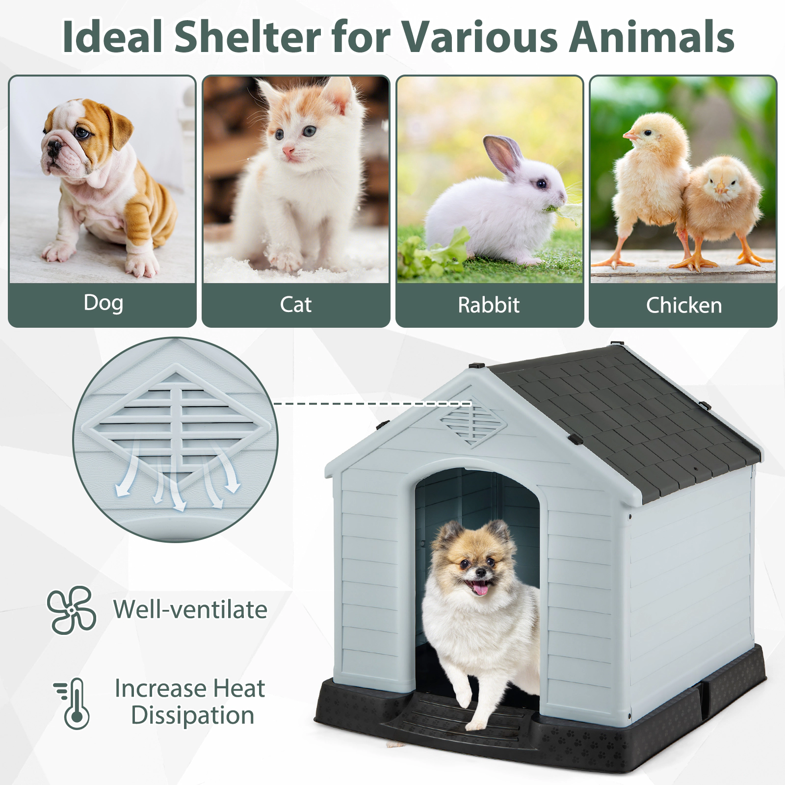 SUGIFT Gray Waterproof Plastic Dog House with Elevated Floor and Vented Roof 27-in W 25-in D 28-in H