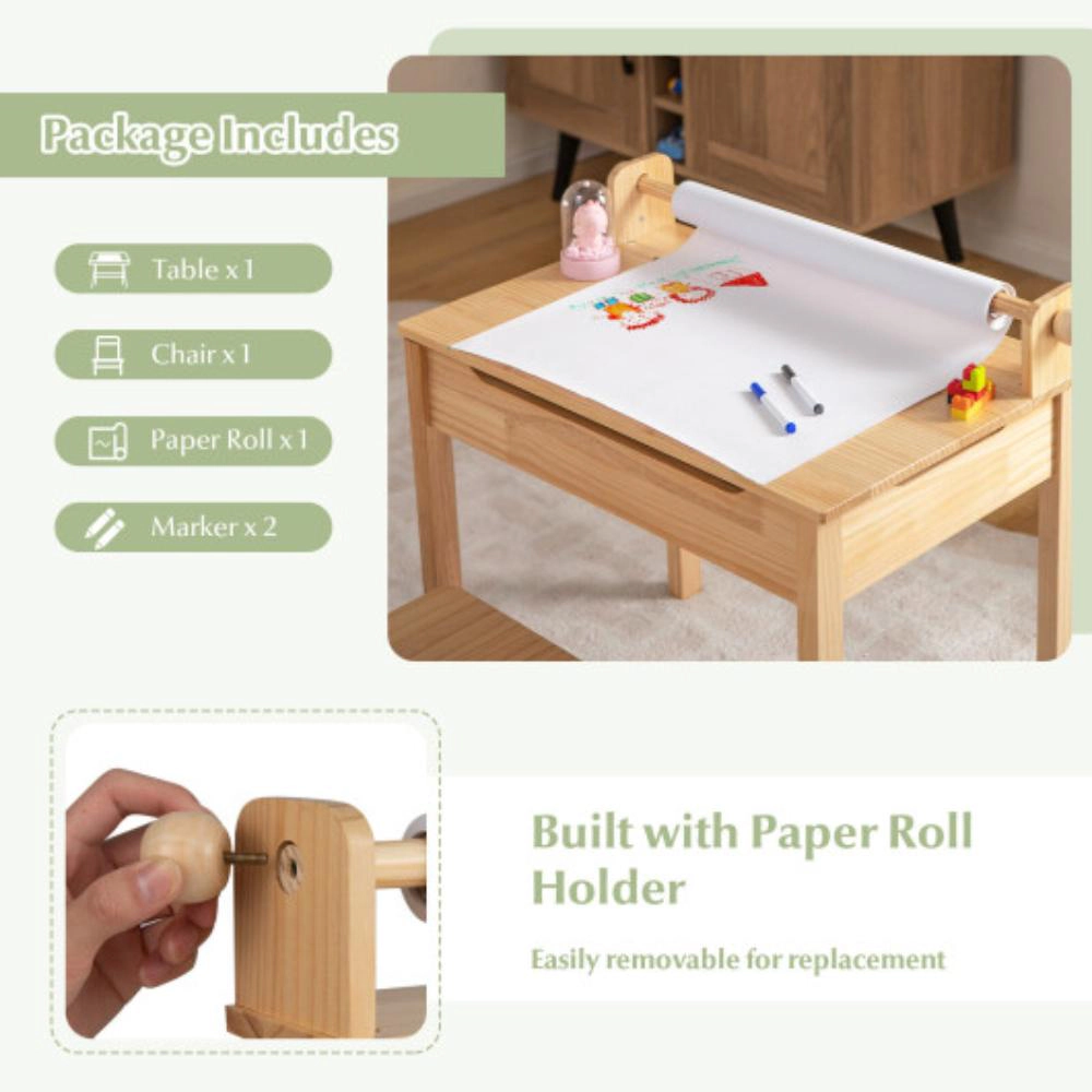 Hivvago Toddler Multifunctional Activity Table And Chair Set With Paper Roll Holder-Natural