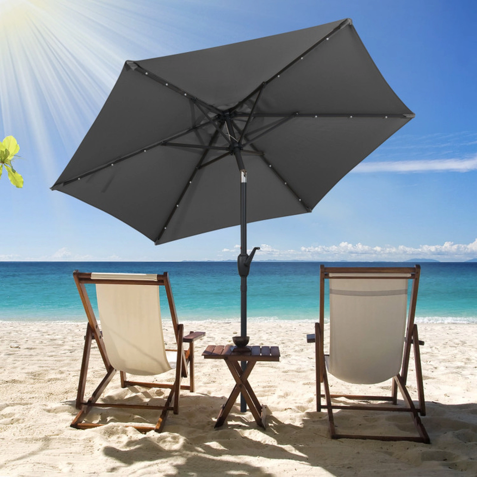 SUGIFT Solar Powered Patio Umbrella with 18 LED Lights and Crank Handle 7.5-ft Metal Polyester Frame Gray