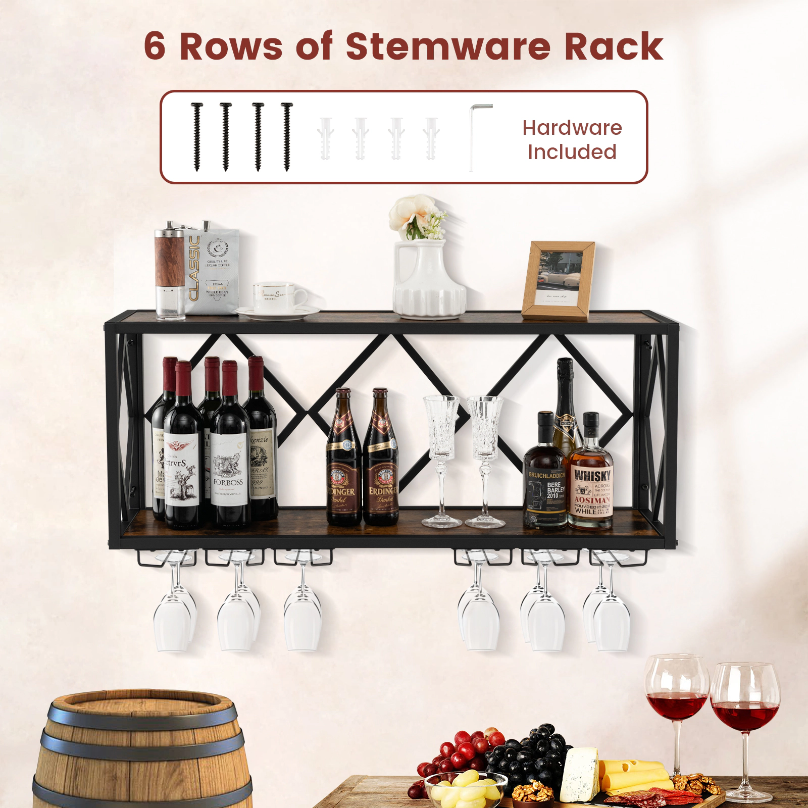 SUGIFT 39.5-in Wall Mounted Wine Rack for 39 Bottles and 12 Glasses with Metal Bar Shelf and Stemware Holder