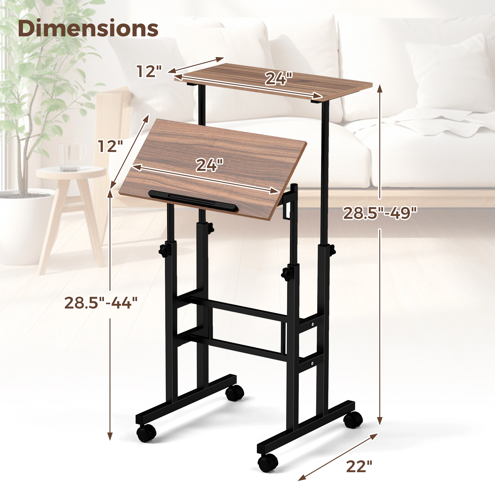 SUGIFT Height-Adjustable Mobile Standing Desk with Split Top 44-lb Capacity Walnut/Natural/Black