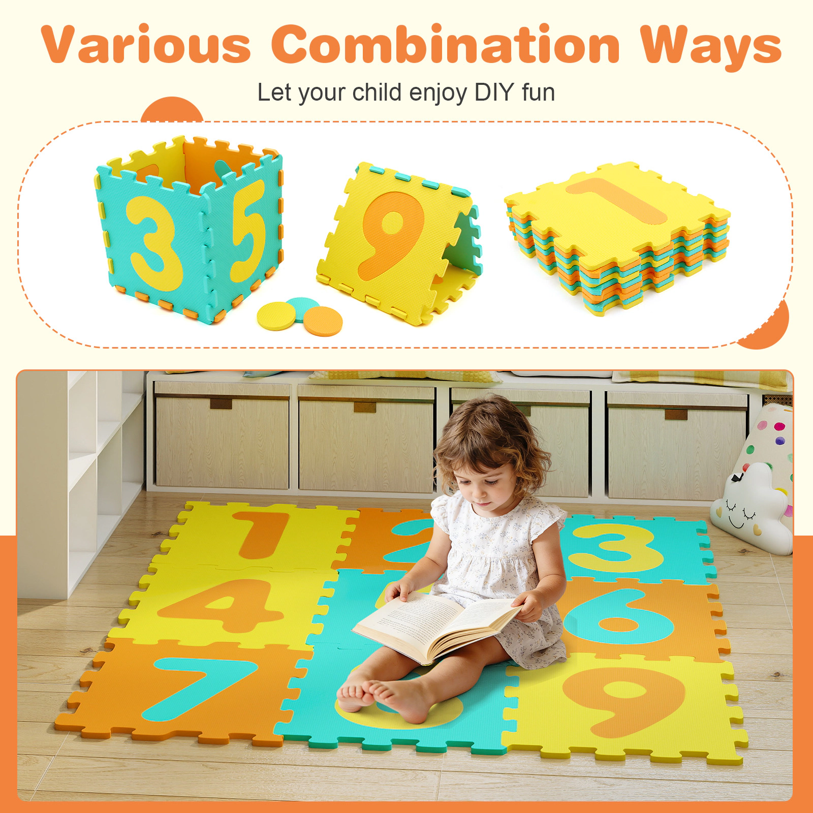 SUGIFT 9-Piece 12.5-in Interlocking EVA Foam Puzzle Play Mat with Removable Numbers and 3 Marker Discs