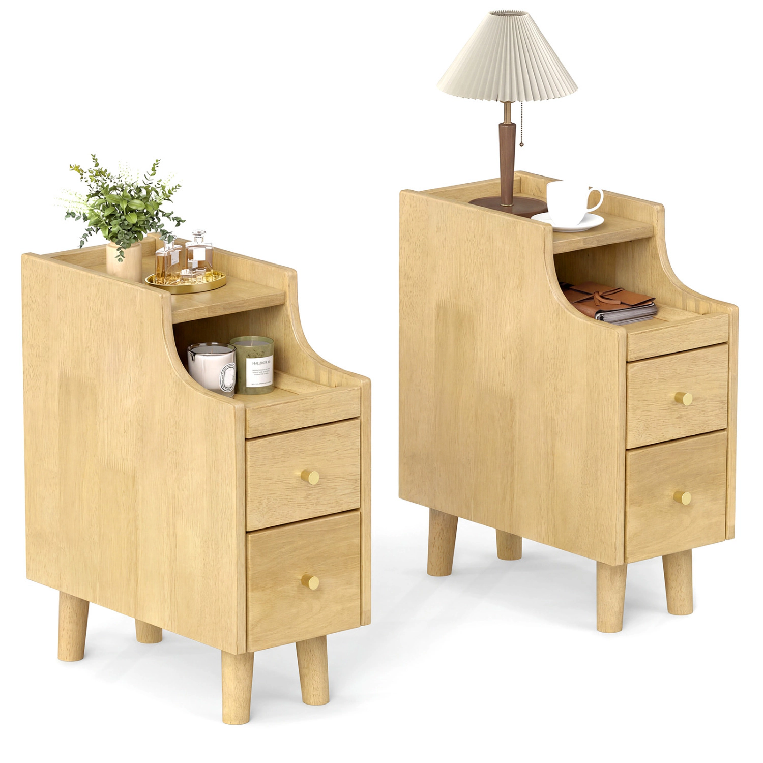 LJG Set of 2 Solid Wood Night Side Table with Pull-Out Tray and Storage Drawers