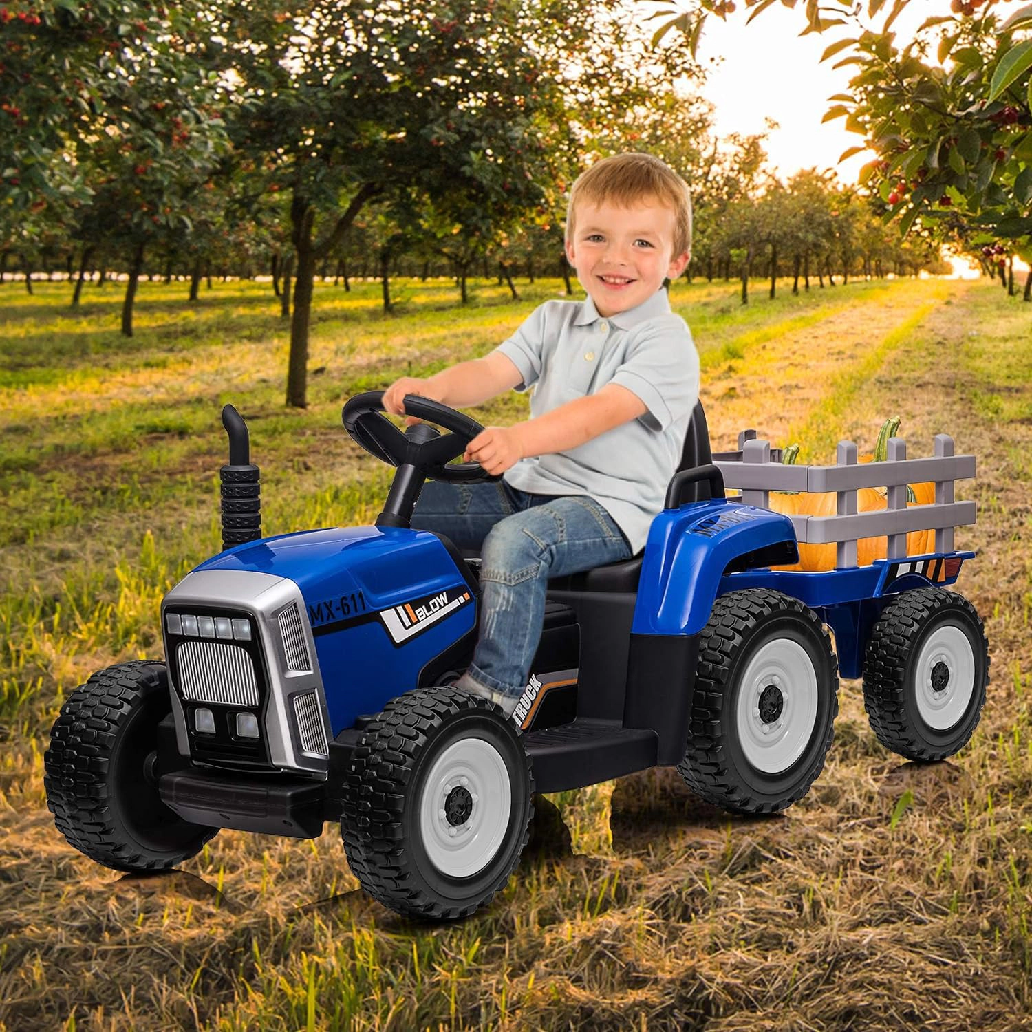 12V Kids Electric Tractor with Trailer, Ride On Car w/Remote, 7-LED Lights, 3-Speed Shift, MP3/USB, EVA Tires,35W
