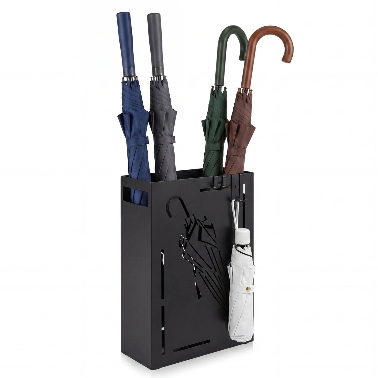 Glintex Rectangular Umbrella Stand with Removable PP Drip Tray and 4 Hooks, Black