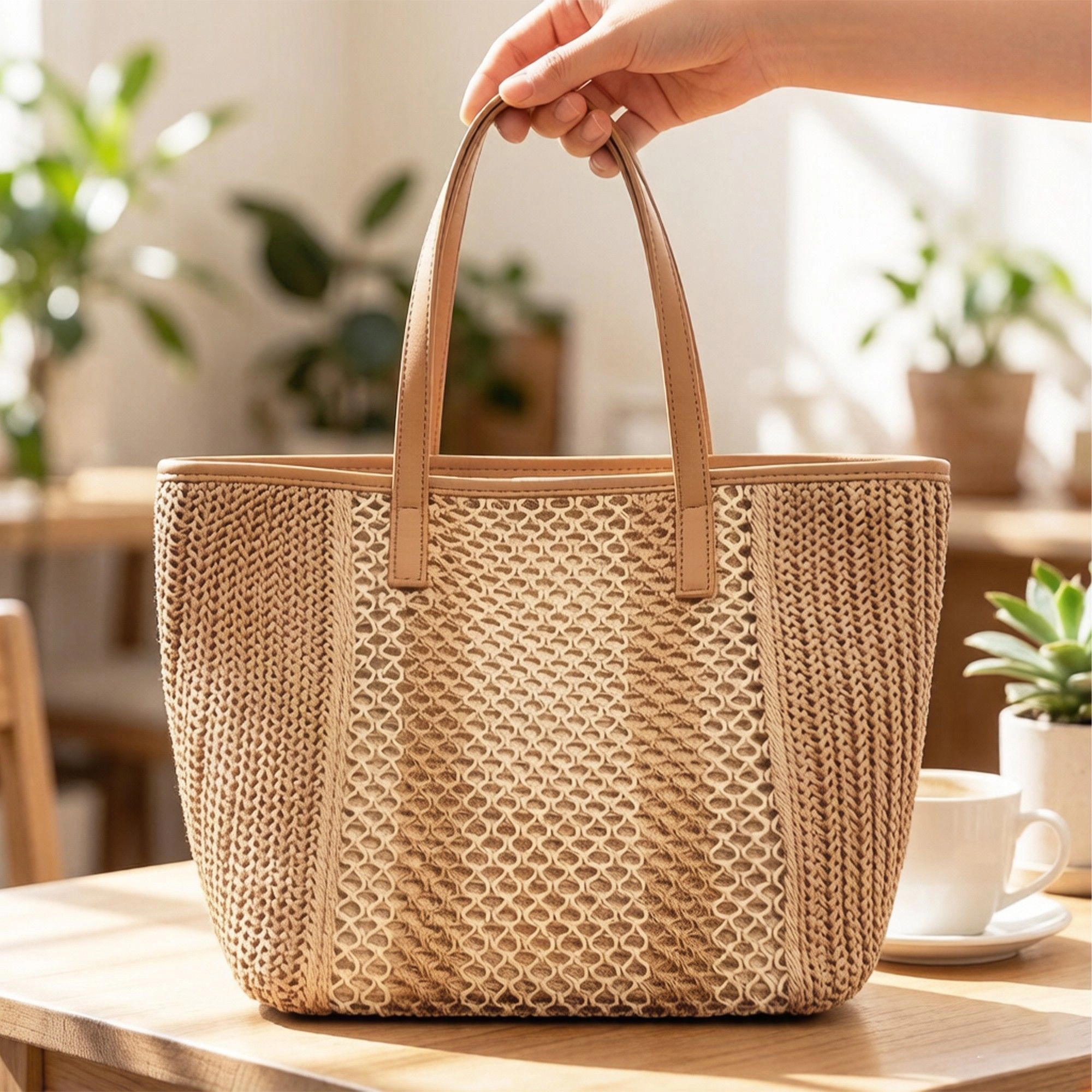 Alilang Women's Woven Crochet Tote Bag with Textured Panel Design Leather Shoulder Strap Lightweight Handbag