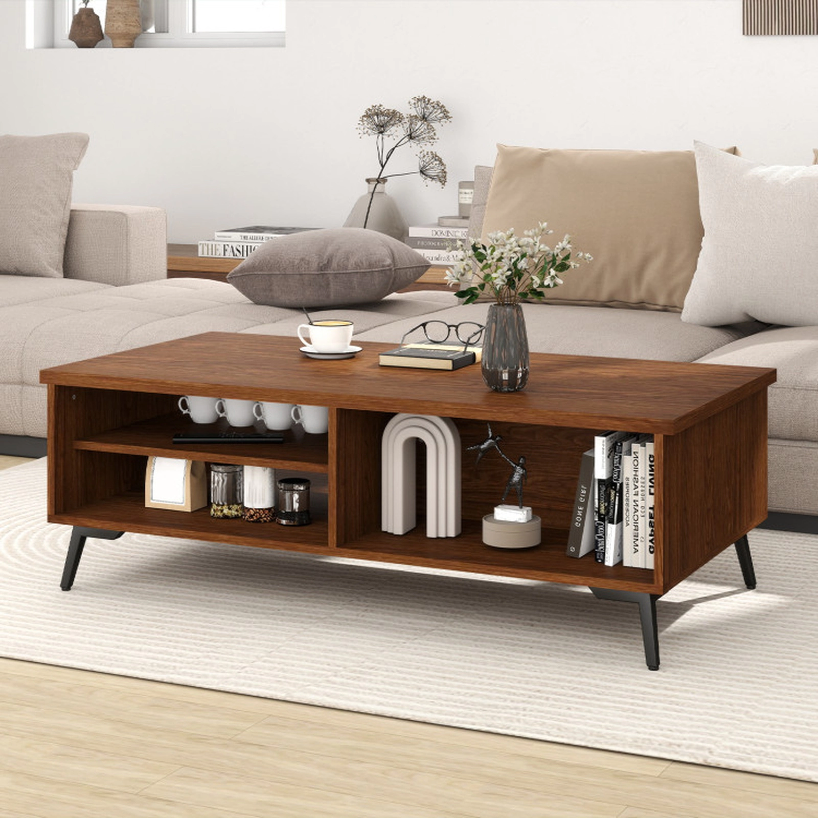 SUGIFT 47-in 176-lb Capacity 2-Tier Mid Century Modern Walnut Coffee Table with Metal Legs and Side Compartments
