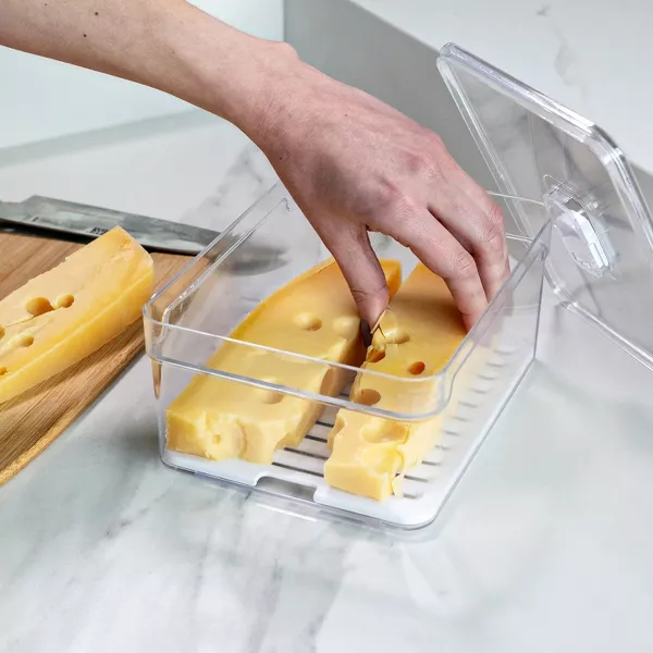 OU Fridge Organizer Bin w/ Vented Lid, Clear Stackable Refrigerator Storage Container w/ Drain Tray, 4 Pack