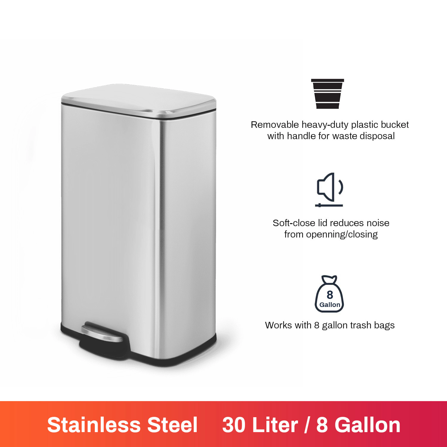 Innovaze 8 Gal./30 Liter Rectangular Stainless Steel step-on Trash Can for Kitchen