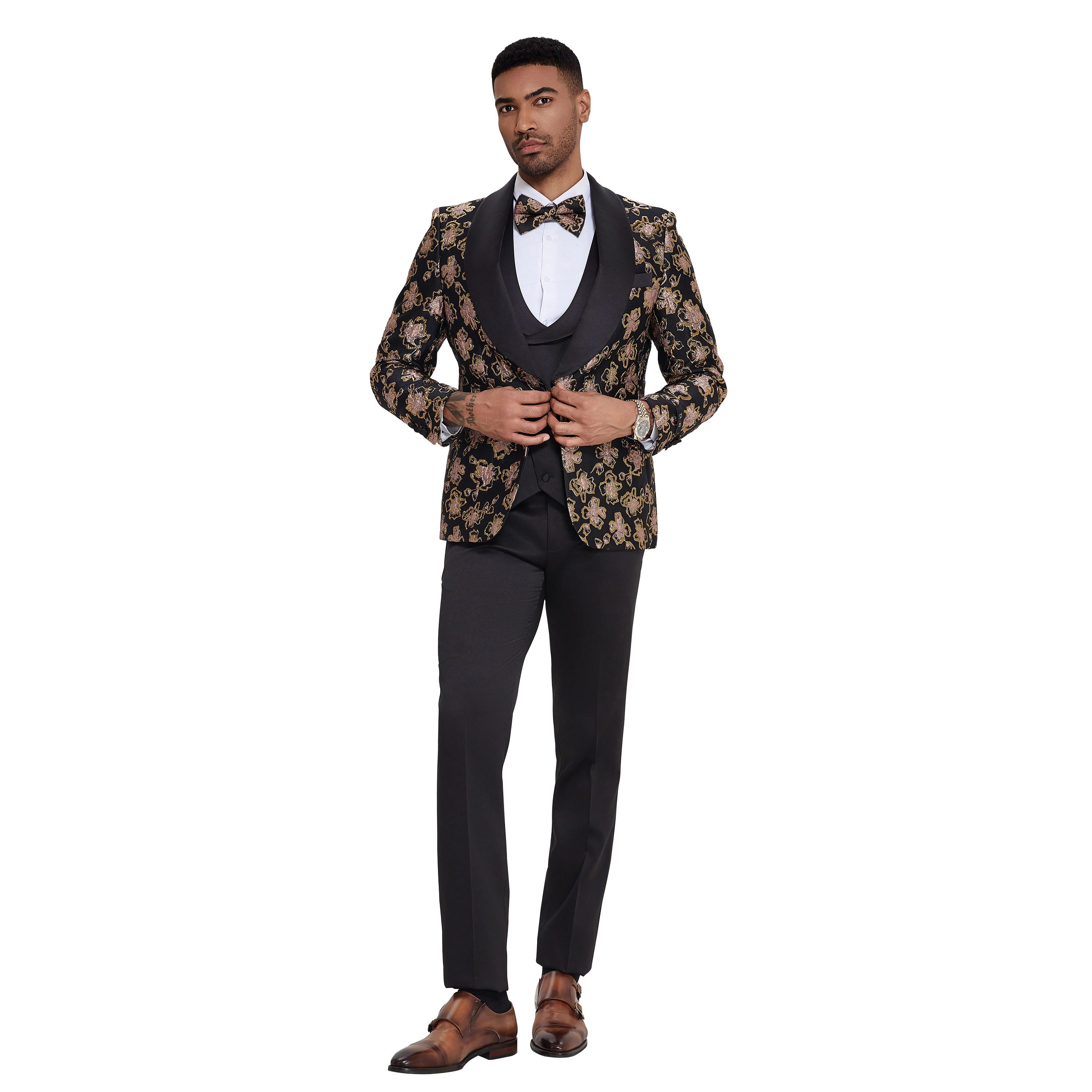 Tazzio Mens Skinny Fit Double Breasted 2 Piece Tuxedo Set with Velvet Black Peak Lapel