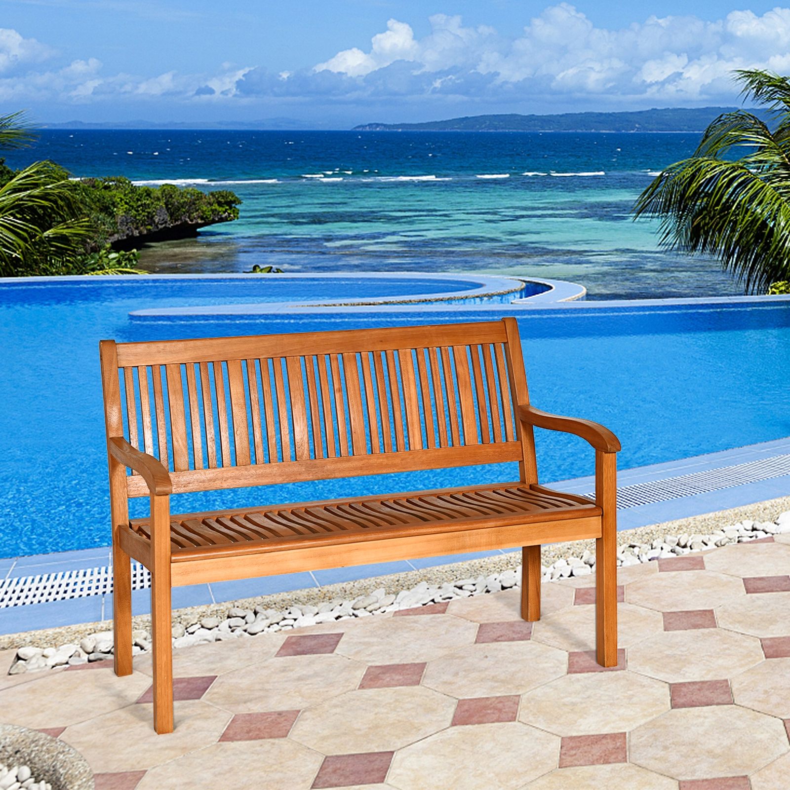 SUGIFT Curved Backrest and Wide Armrests 50 Inch Solid Eucalyptus Wood Garden Bench