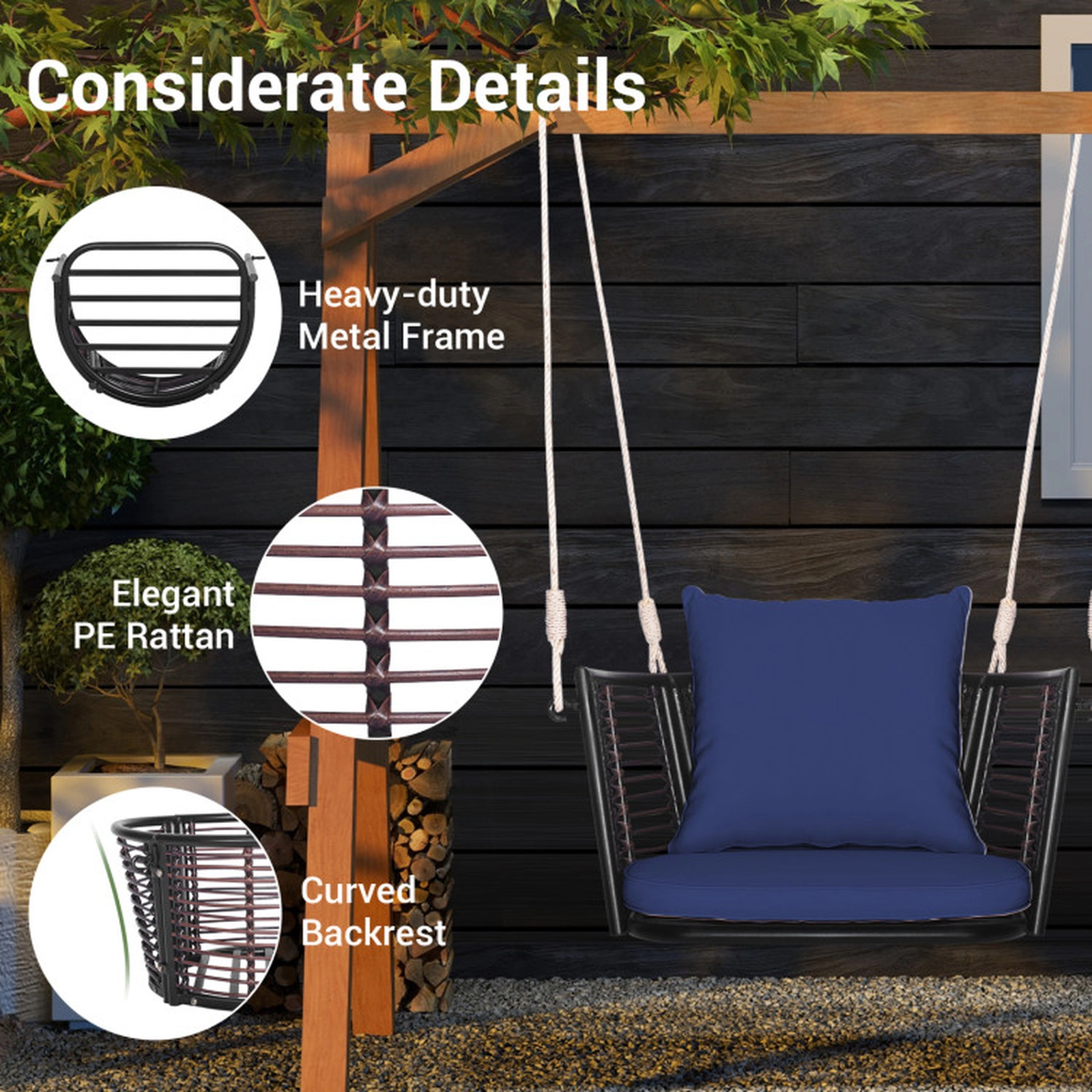 SUGIFT Single Person Hanging Seat Swing 400-lb Capacity with Seat and Back Cushions Blue