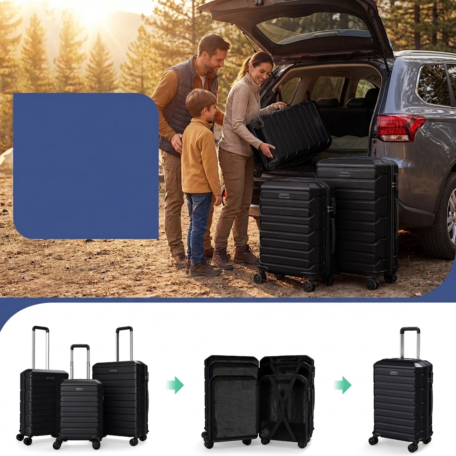 SUGIFT Black 3-Piece Hardside Luggage Set 20-in 24-in 28-in Lightweight ABS Suitcases with 8 Spinner Wheels
