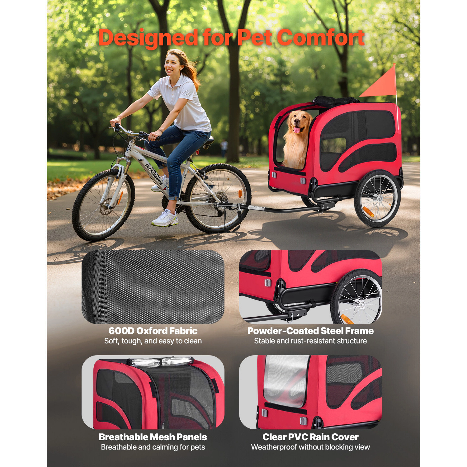 HONGGE Dog Bike Trailer for Medium to Large Dogs, 100 lb Capacity, Built-In Leash, Foldable Frame