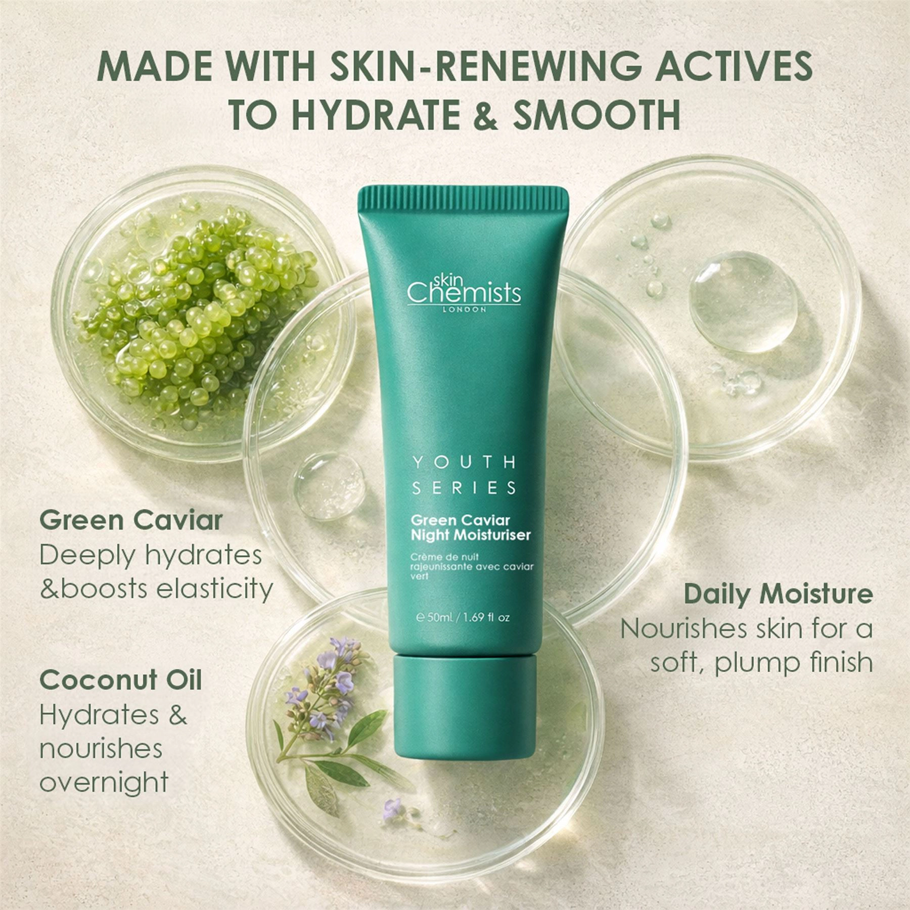 skinChemists Youth Series Green Caviar Night Moisturiser 50ml, Anti-Aging Hydrating Night Cream