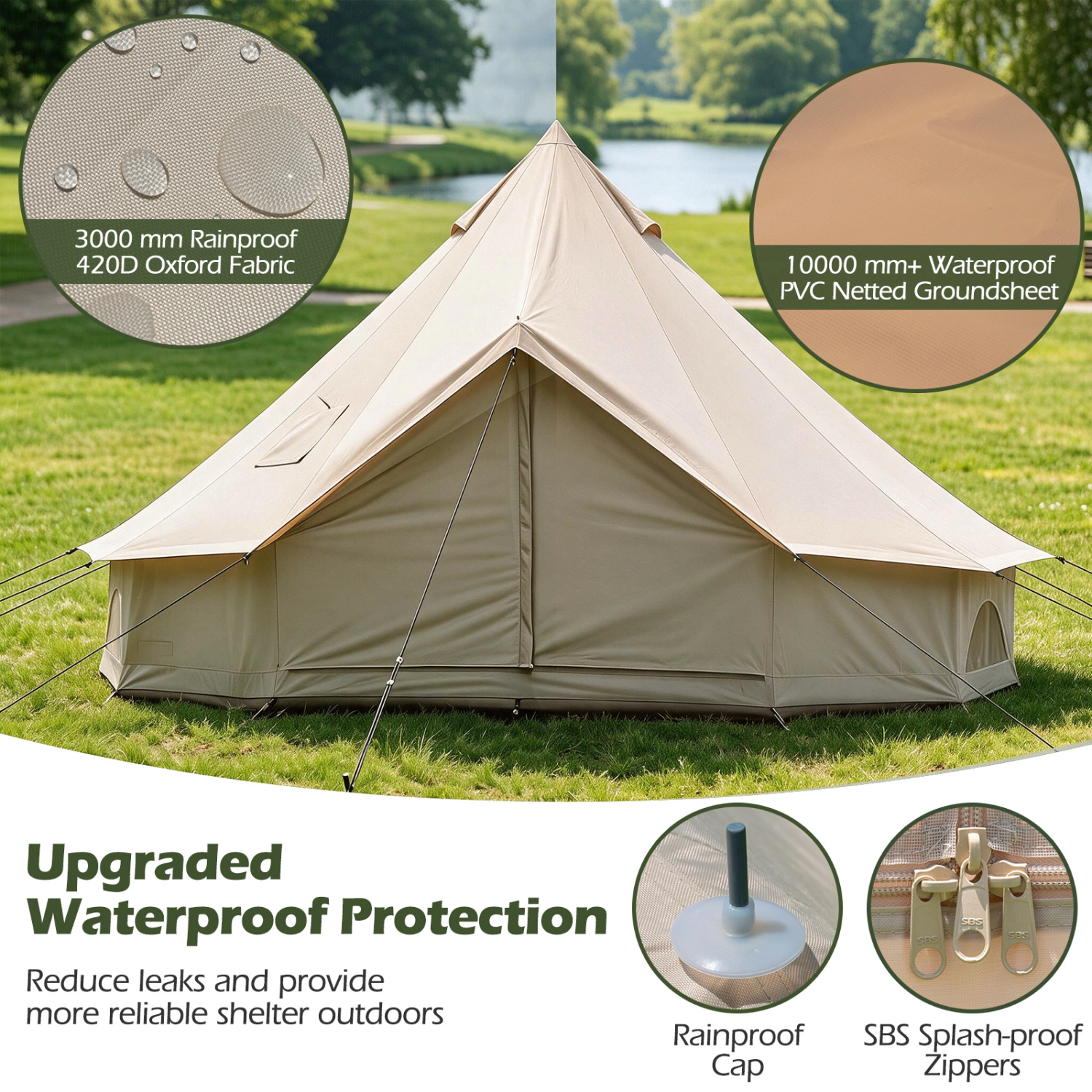 LJG Waterproof Bell Tent with Stove Jack Accommodates and Mesh Windows Doors