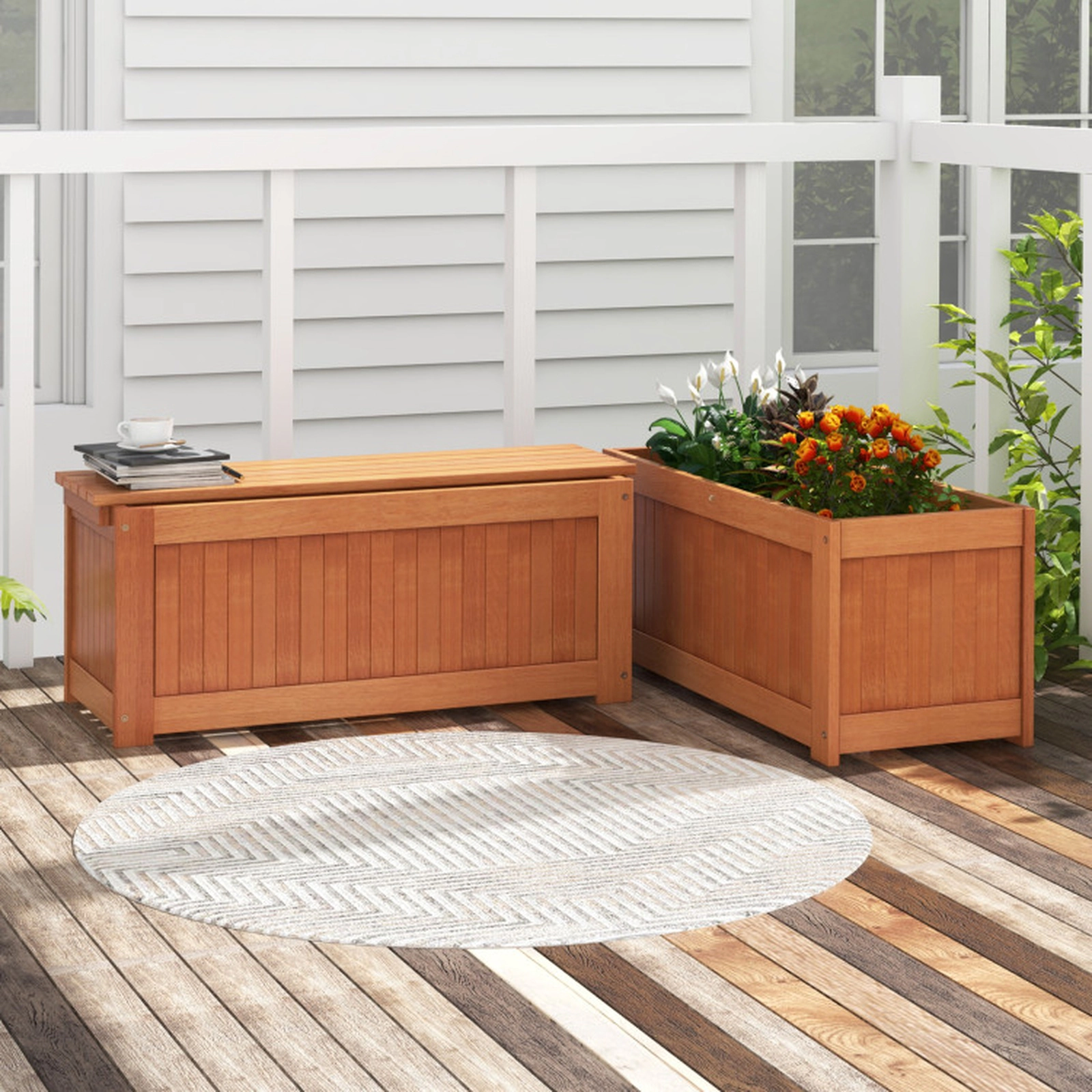 SUGIFT Outdoor Planter Bench with Rectangular and Small Planter Boxes 330-lb Capacity Natural