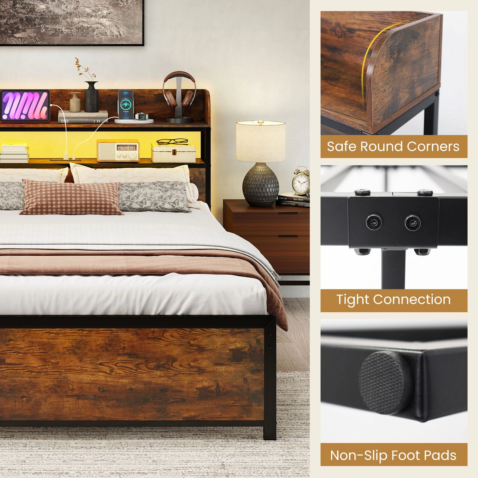 SlickBlue Full Size LED Bed Frame with Charging Station & Storage