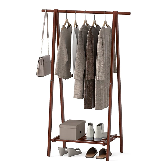 SUGIFT Folding Rubber Wood Clothes Rack Walnut with Bottom Storage Shelf
