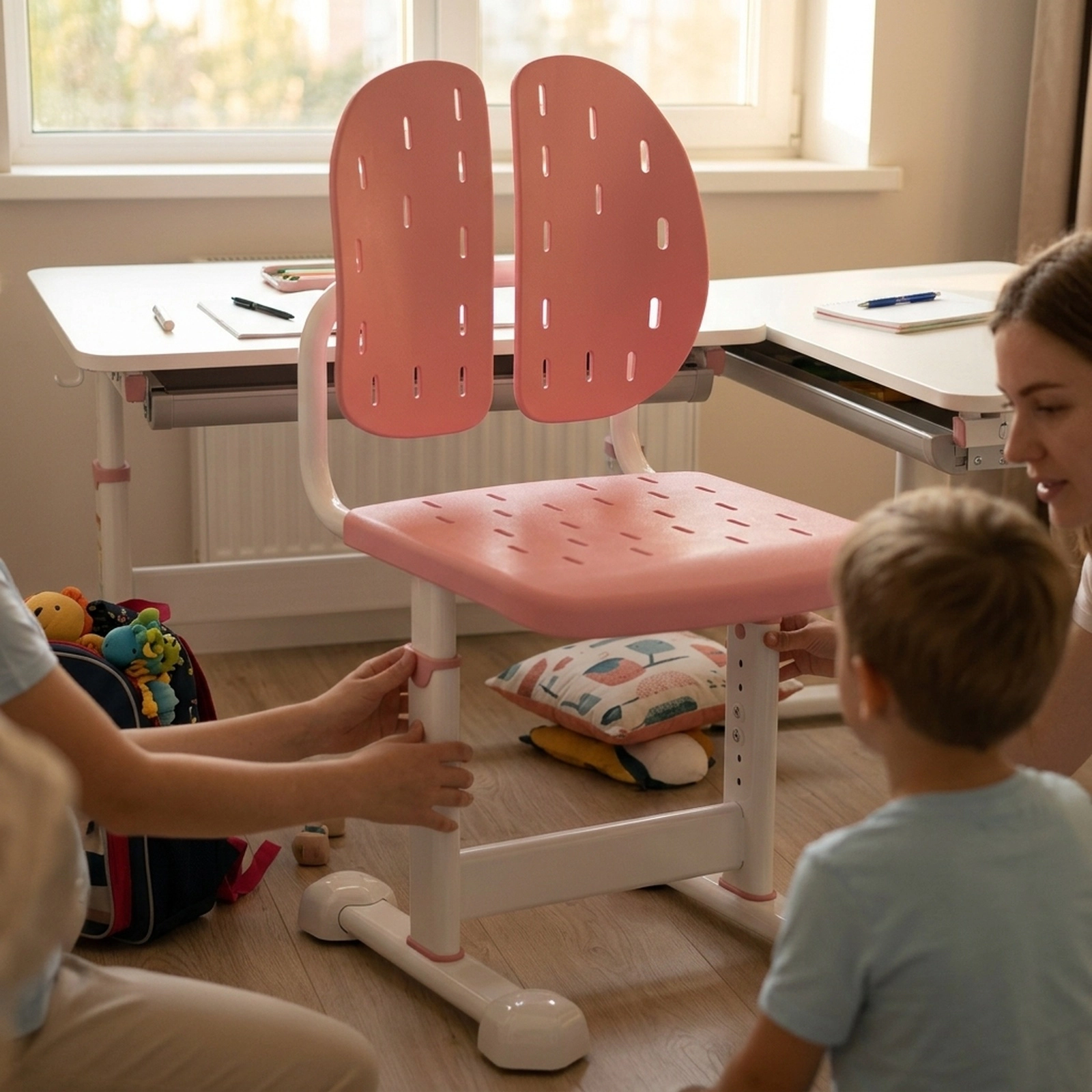SUGIFT Kids Desk Chair, No Wheels, Pink, 5 Adjustable Seat Heights, Breathable Perforated Seat