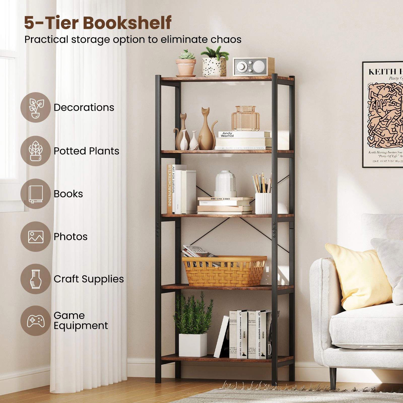 SlickBlue Modern 5-Tier Storage Shelf with X-Frame Support