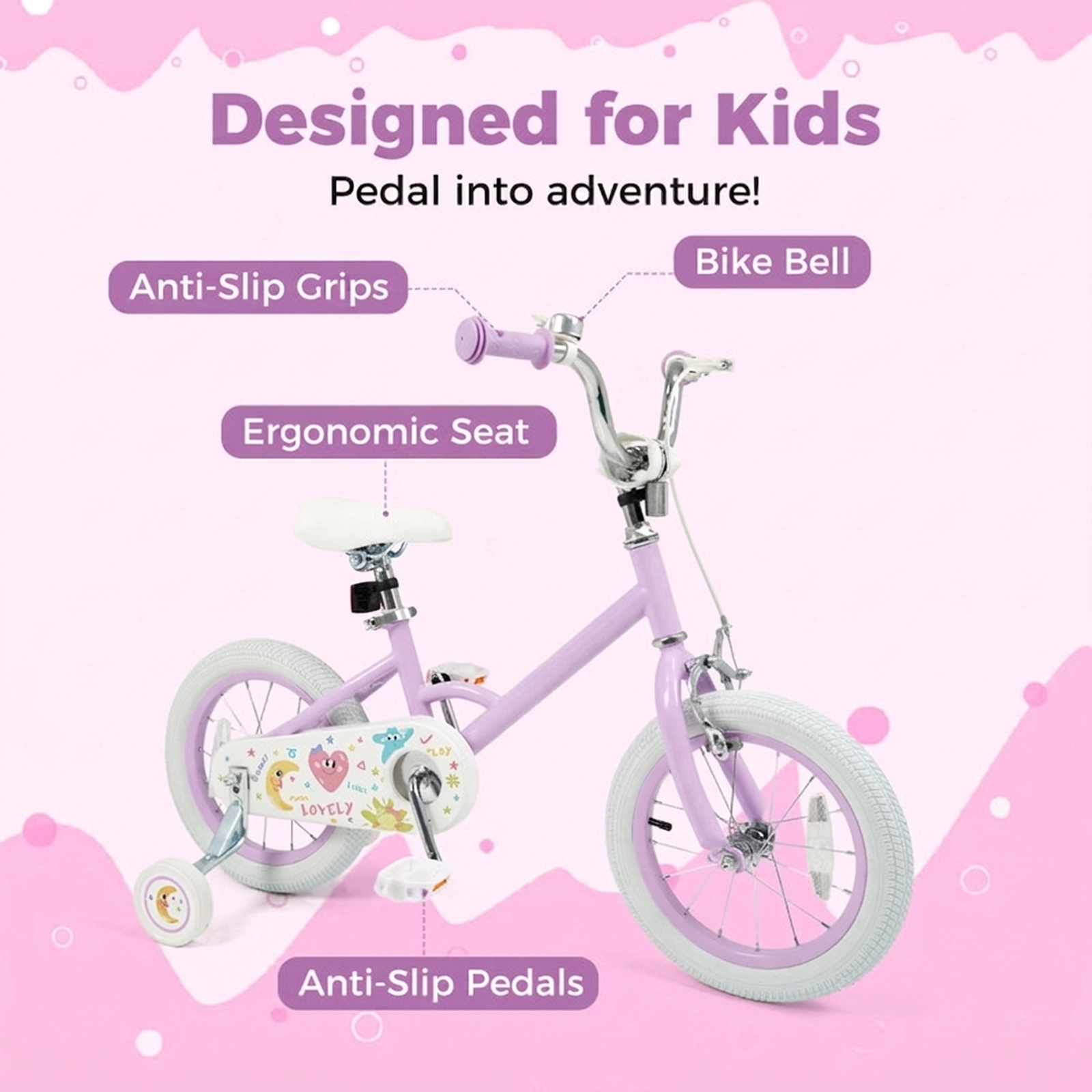 SUGIFT Adjustable 14-Inch Kids Bike with Training Wheels 110-lb Capacity Ages 3-5 Years Purple Stars & Moon