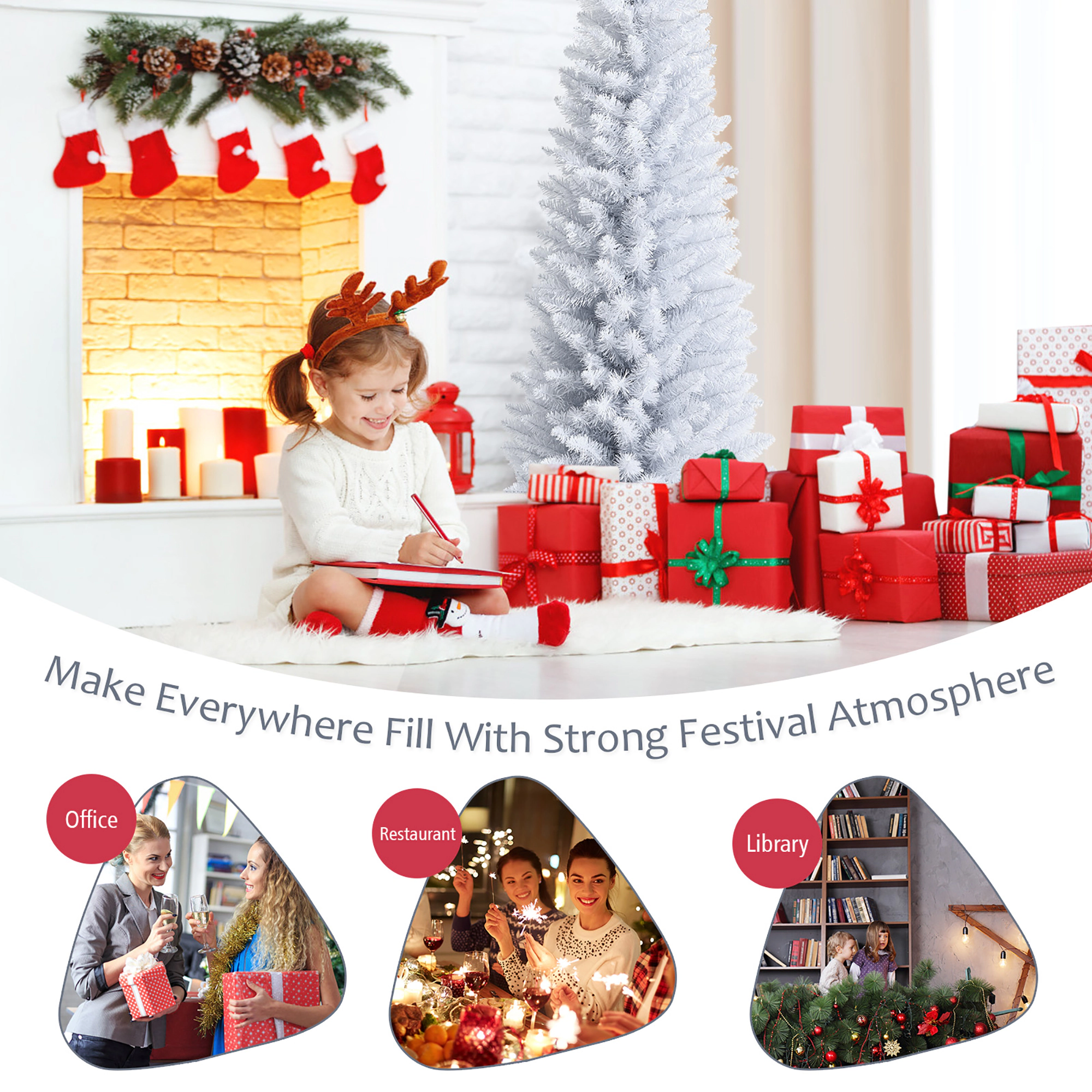 Costway 5/6/7 ft Unlit Artificial Slim Pencil Christmas Tree with Metal Stand White