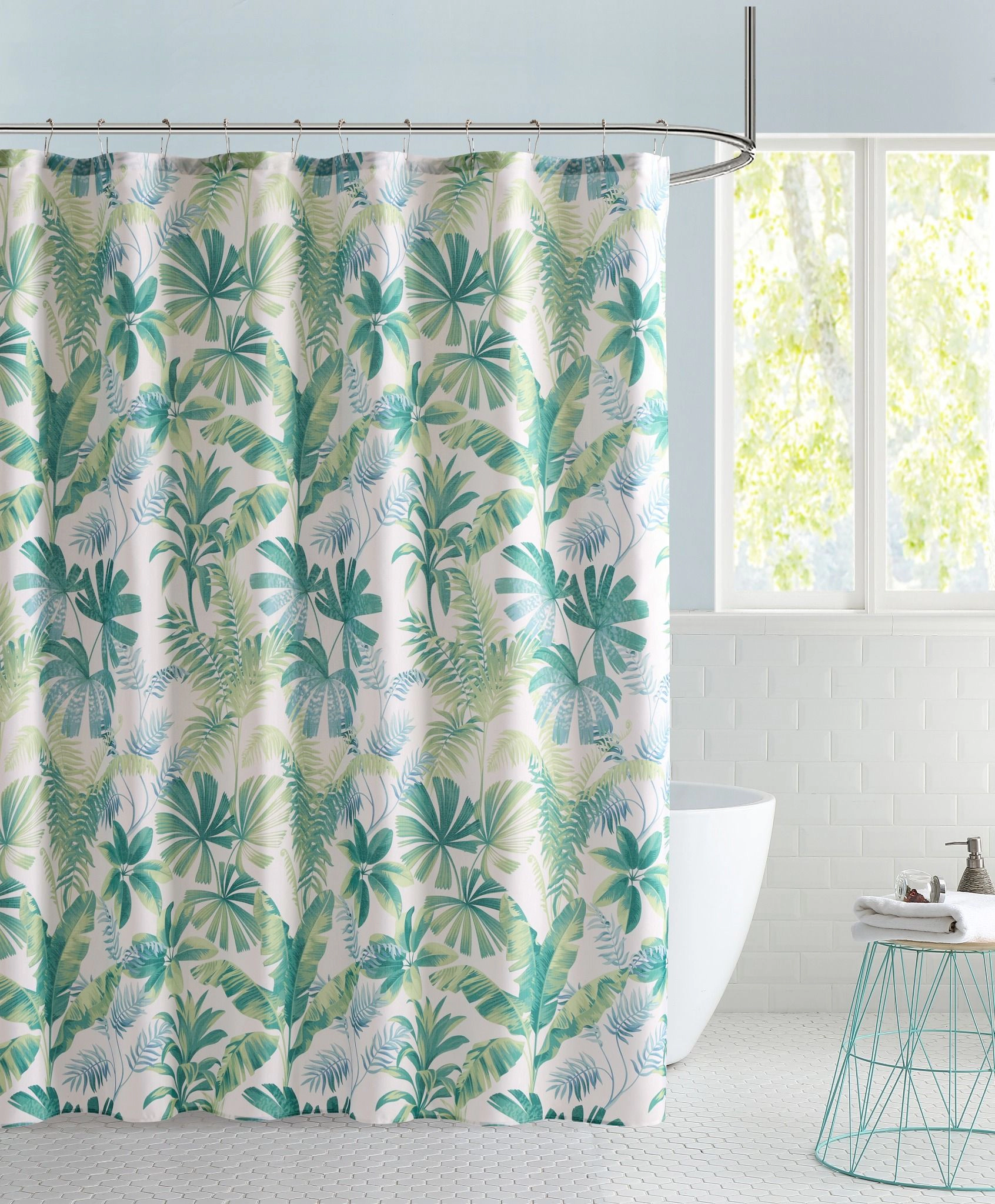 Kate Aurora Tropic Essentials Coastal Aqua Palm Fabric Shower Curtain