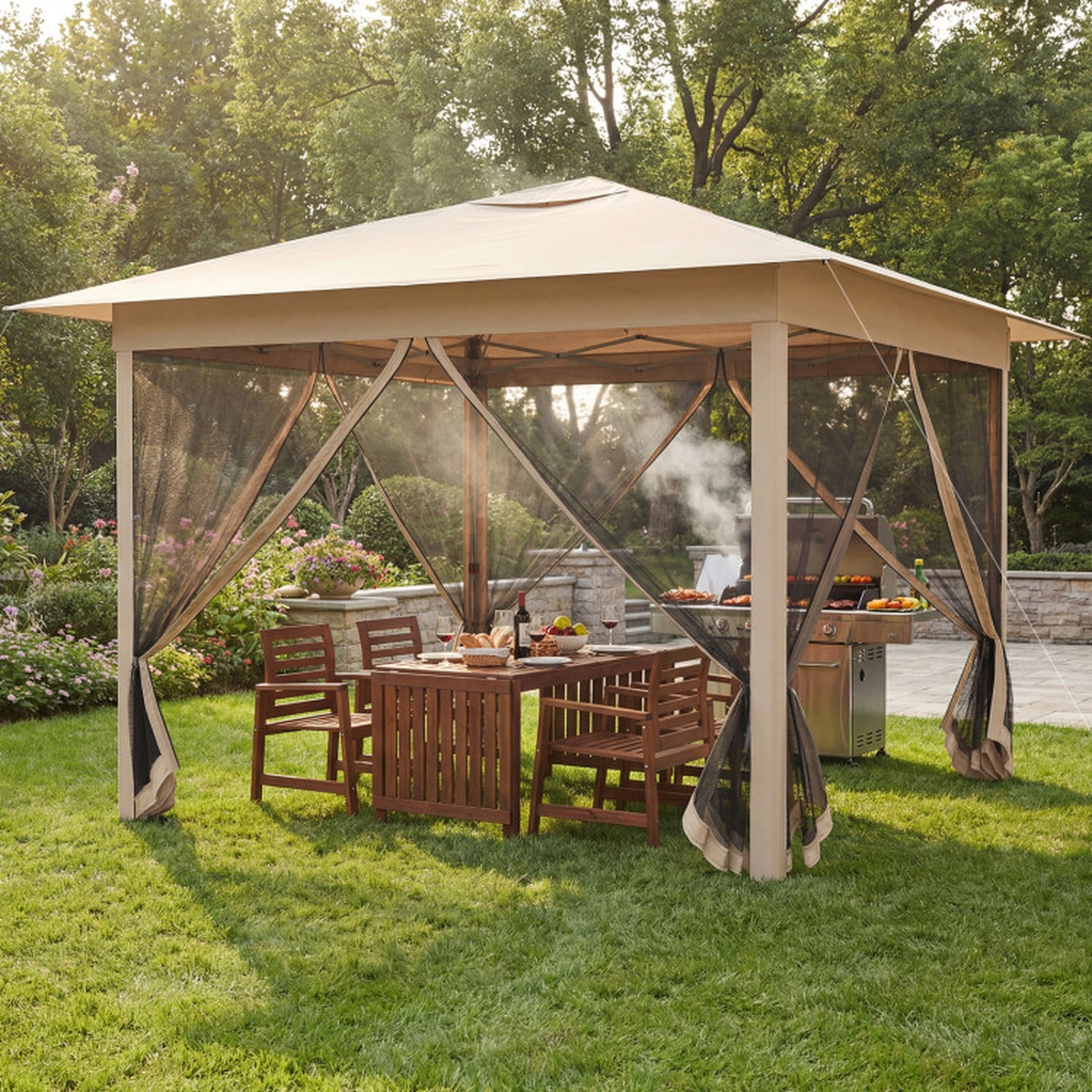 SUGIFT Beige Instant Pop Up Canopy Tent with 4 Zippered Mesh Walls and Center Lock 11.5-ft W 11.5-ft D 8.8-ft H