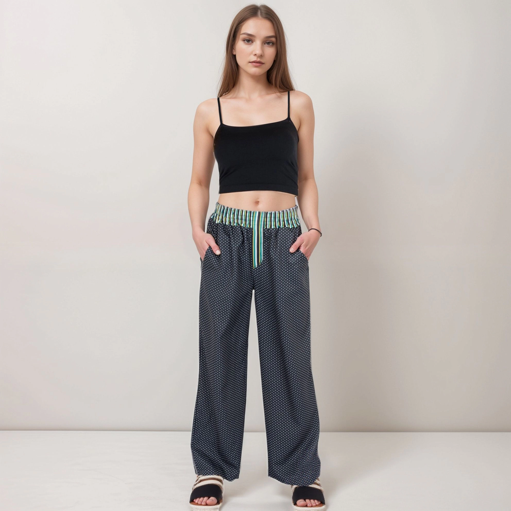 Anna-Kaci Women's Red Vertical Stripe Wide Leg Pants with Smocked Waistband Contrast Plaid Detail and Full-Length Fit
