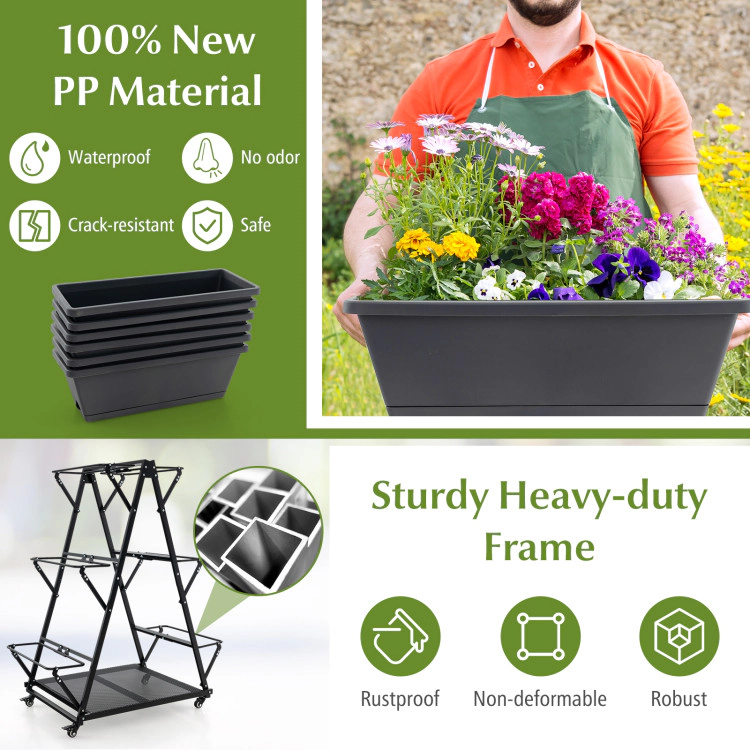Hivvago 3-Tier Vertical Raised Garden Bed with 4 Wheels and 6 Container Boxes-Black