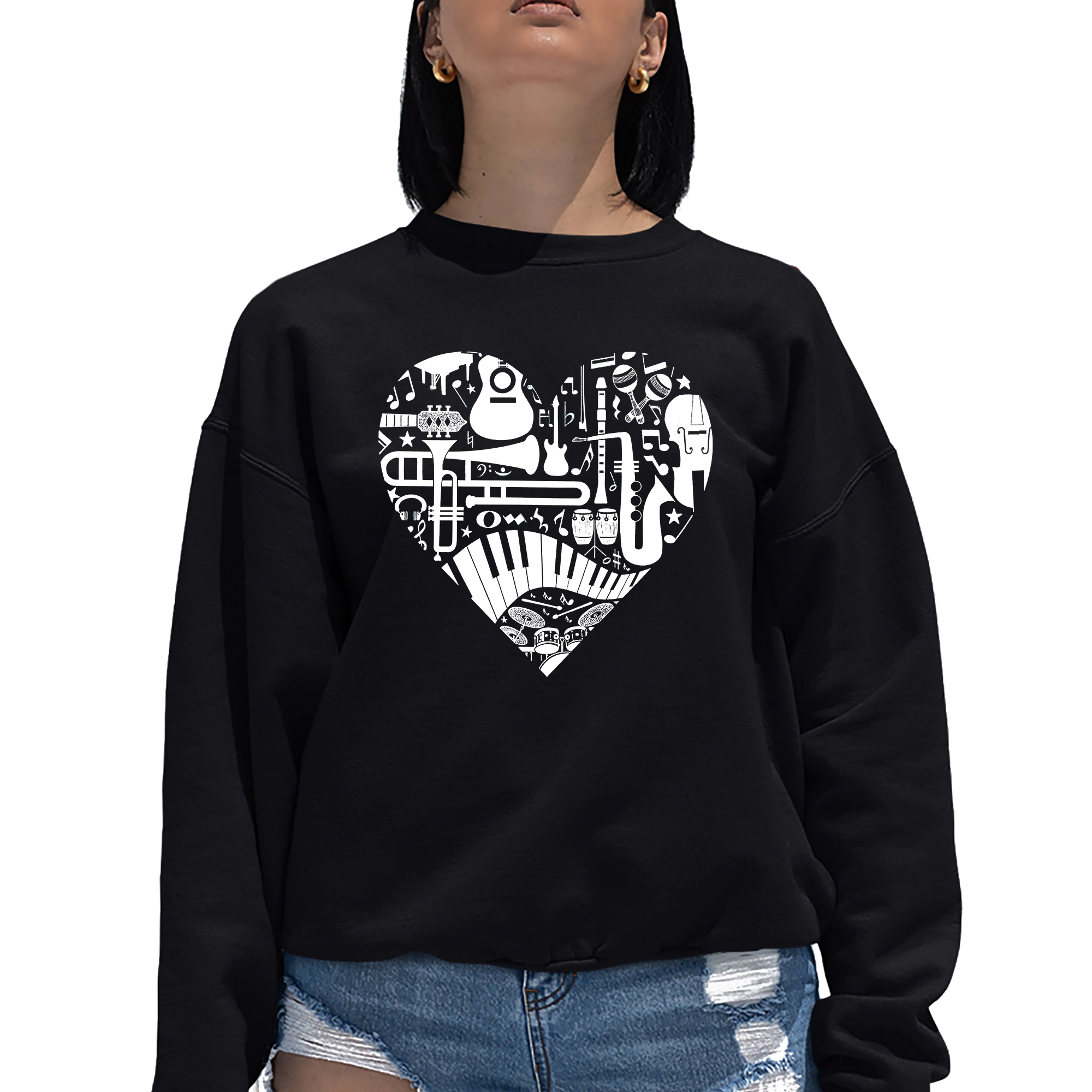 LA Pop Art Musical Instrument Heart - Women's Word Crewneck Sweatshirt