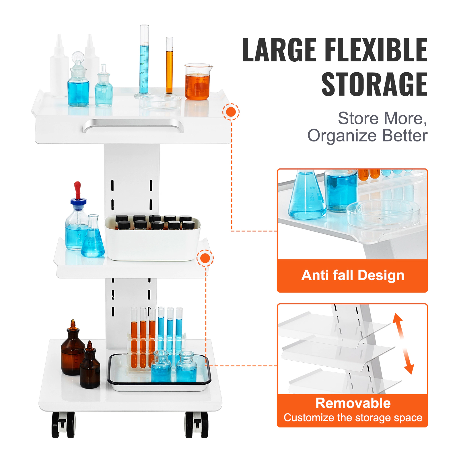 HONGGE 3-Layer Metal Rolling Lab Cart with Swivel Wheels, 220 lbs Capacity for Clinic, Beauty, and Salon