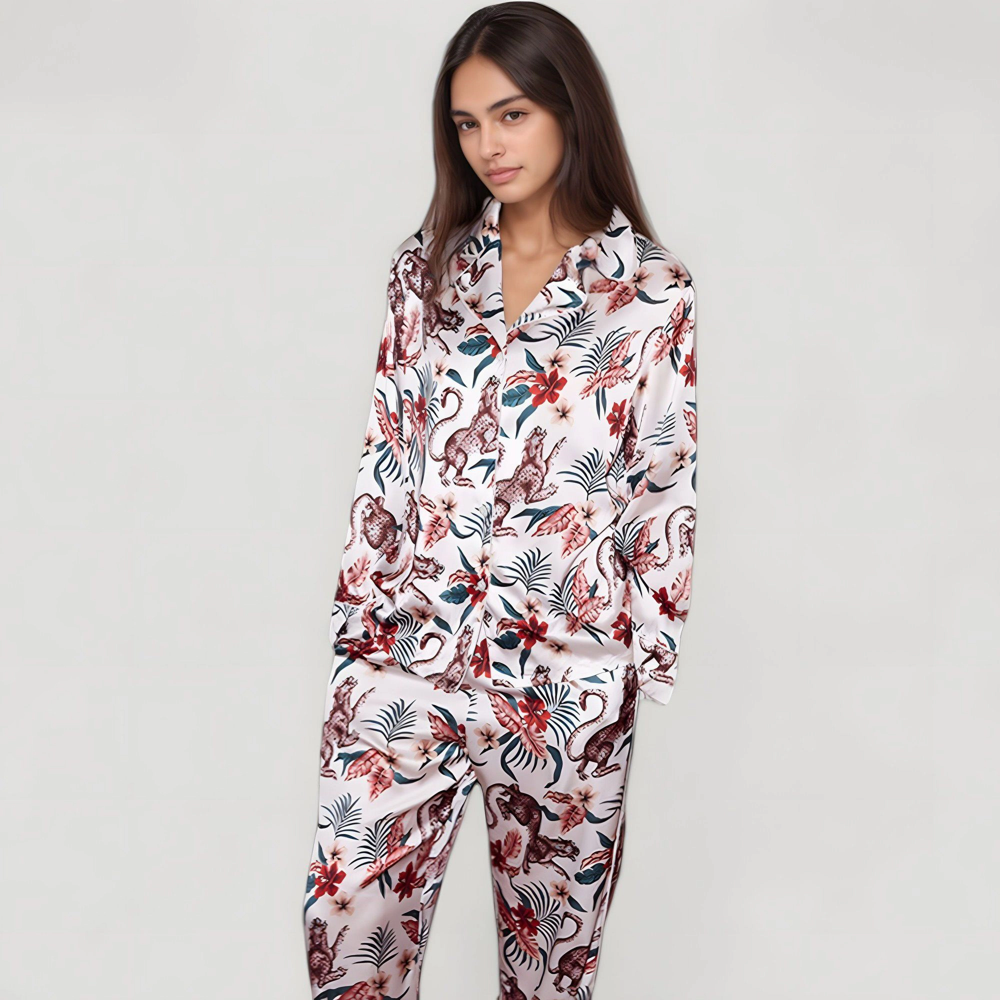 Anna-Kaci Women's Jungle Animal and Floral Pajama Set Long Sleeve Notch Collar Button Down Top Relaxed Woven Pants