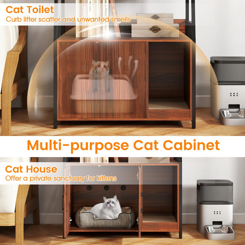 SUGIFT Cat Litter Box Enclosure with Storage Shelves and Scratching Pad 88-lb Cabinet Capacity Rustic Brown + Black