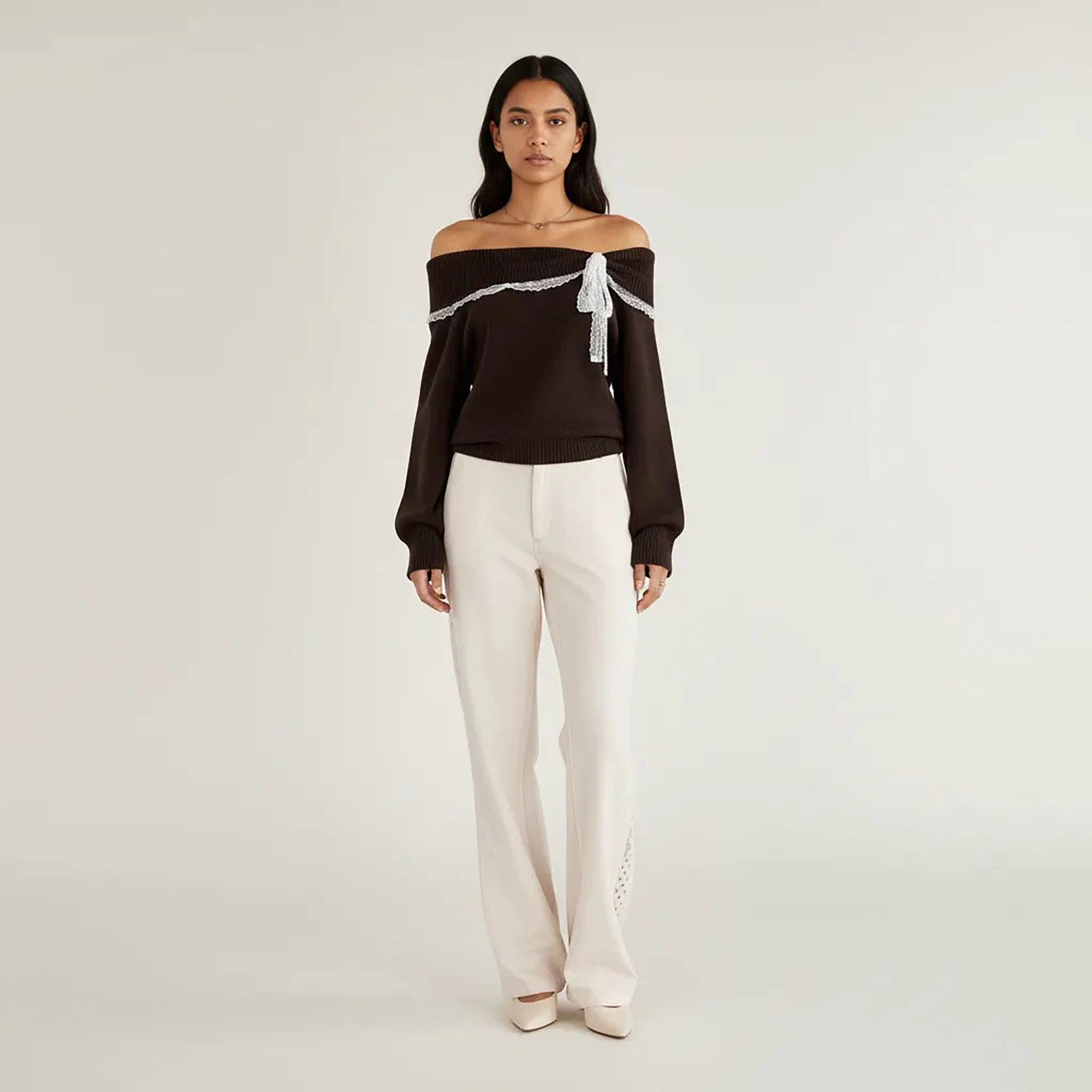 Anna-Kaci Women's Off Shoulder Knit Top with Lace Trim and Long Sleeves