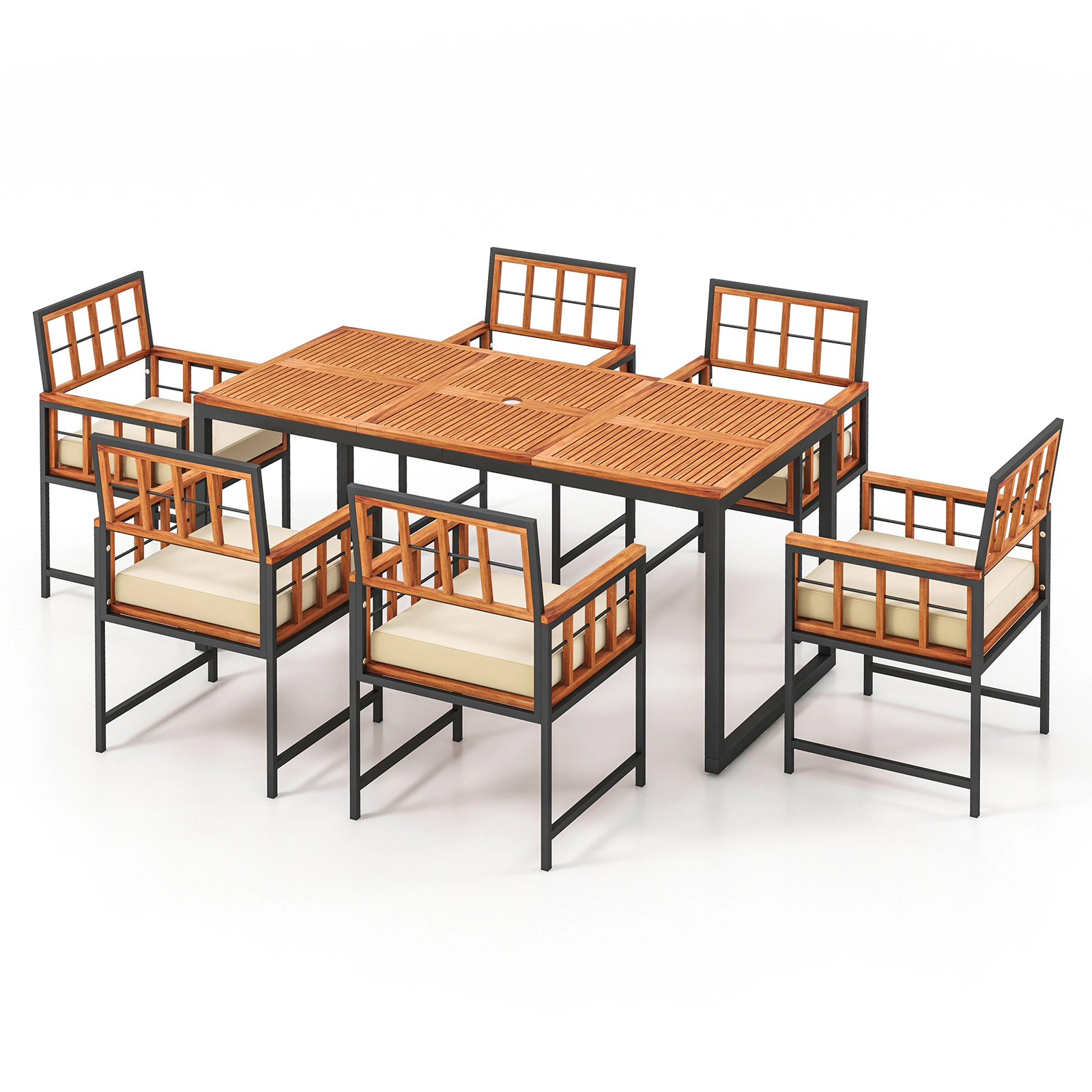 SUGIFT 7-Piece Acacia Wood Patio Dining Set, 67-in Table, 6 Cushioned Armchairs