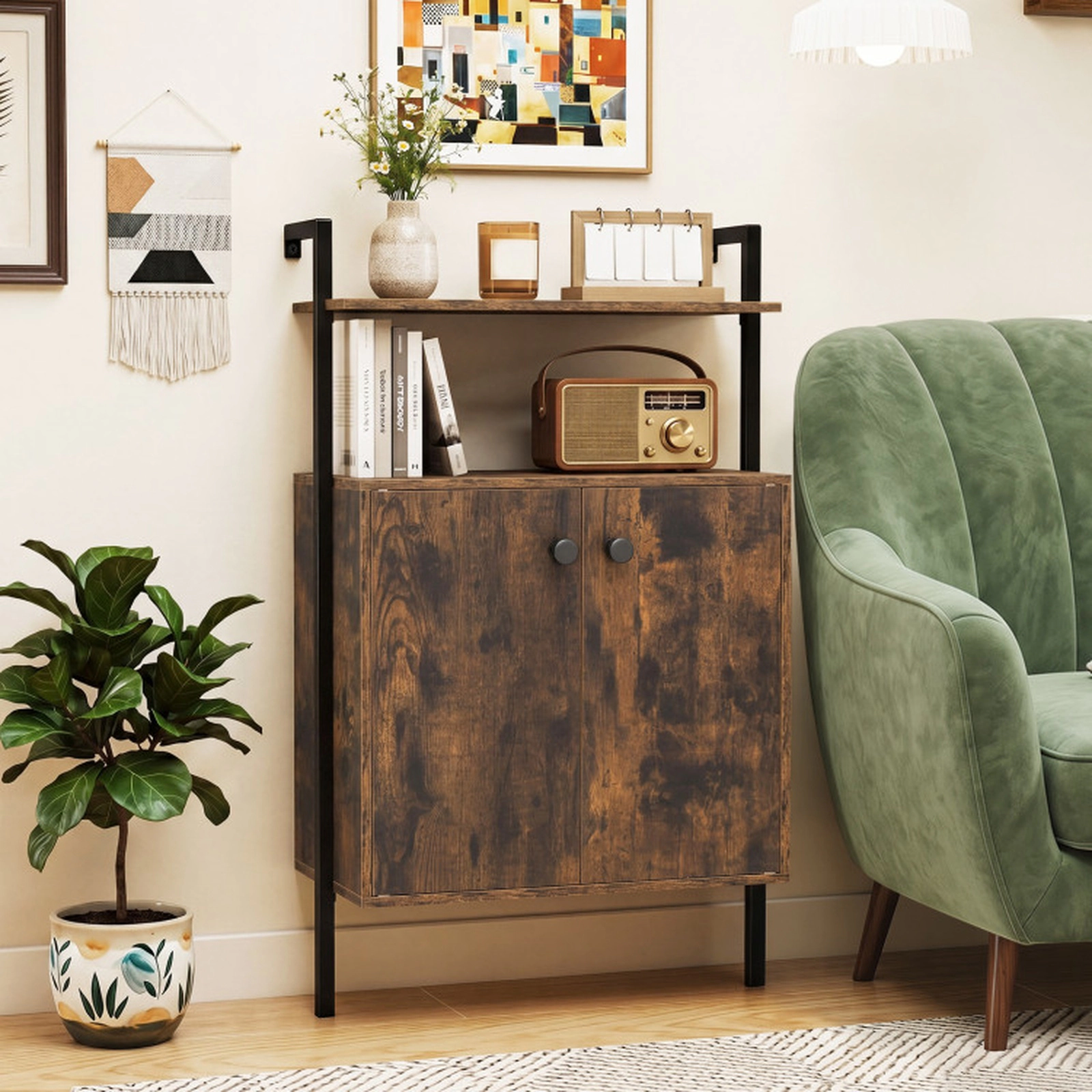 SUGIFT 132-lb Capacity Rustic Brown 2-Door Wall Mount Bookshelf with Storage Cabinet and Open Shelves