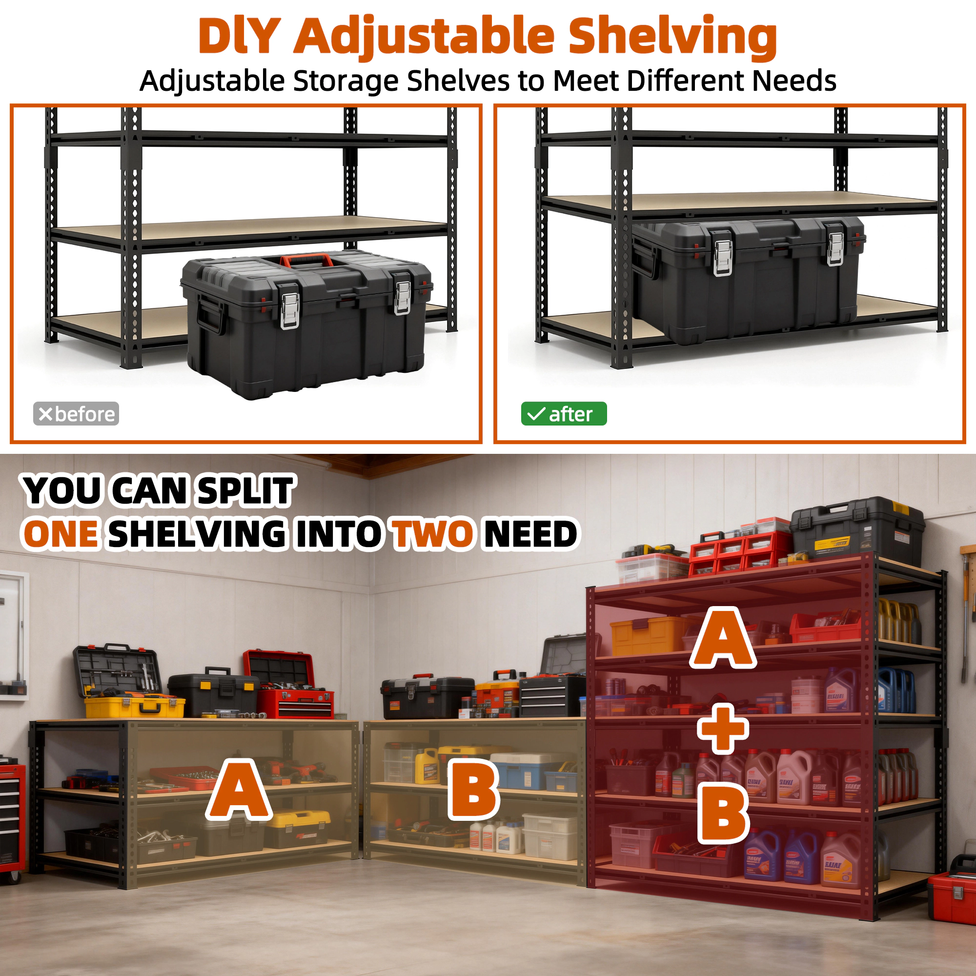 XJ 5-Tier Freestanding Garage Shelving, Heavy Duty Steel, Adjustable