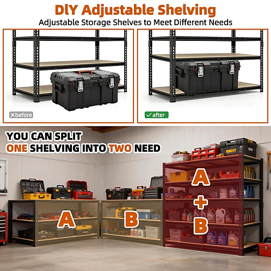 XJ 5-Tier Freestanding Garage Shelving, Heavy Duty Steel, Adjustable, Black (55"W x 72"H x 24"D)