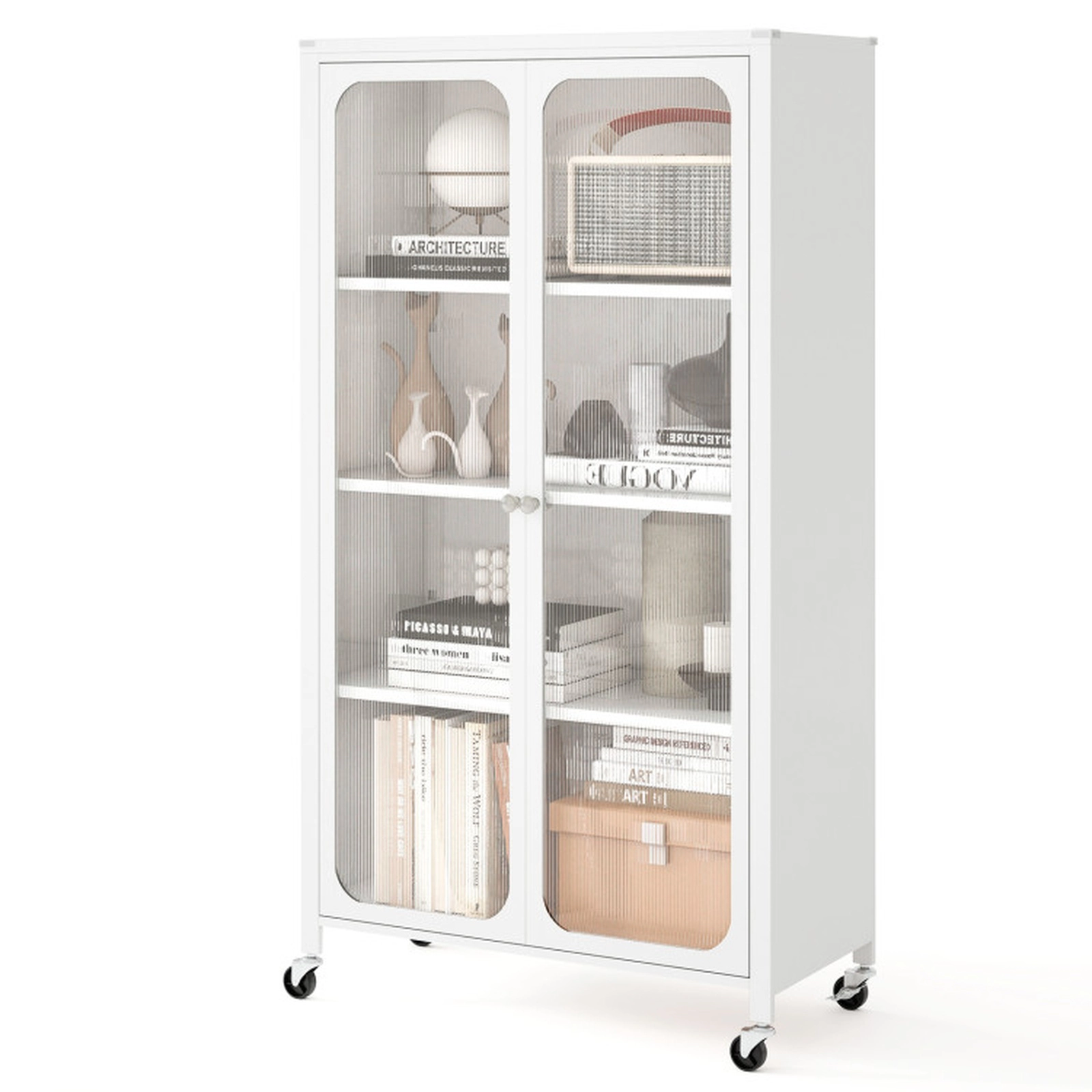 SUGIFT 4-Tier 58-in Metal Bookcase with Transparent Doors Adjustable Shelves & Lockable Wheels 33-lb Tier Capacity White