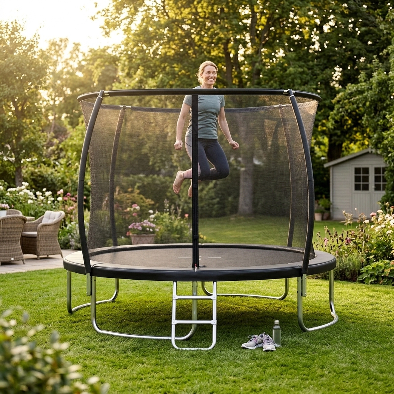 10-ft Outdoor Trampoline Safety Enclosure Net Ladder 880-lb Static Capacity Heavy-Duty Galvanized Trampoline Black