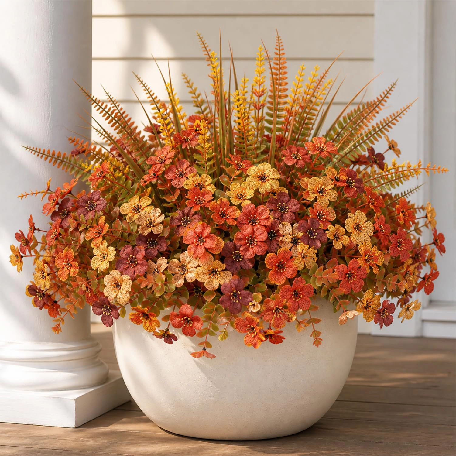 PUPWE 20 Artificial Fall Flowers For Outdoors  Front Porch Planter Decor