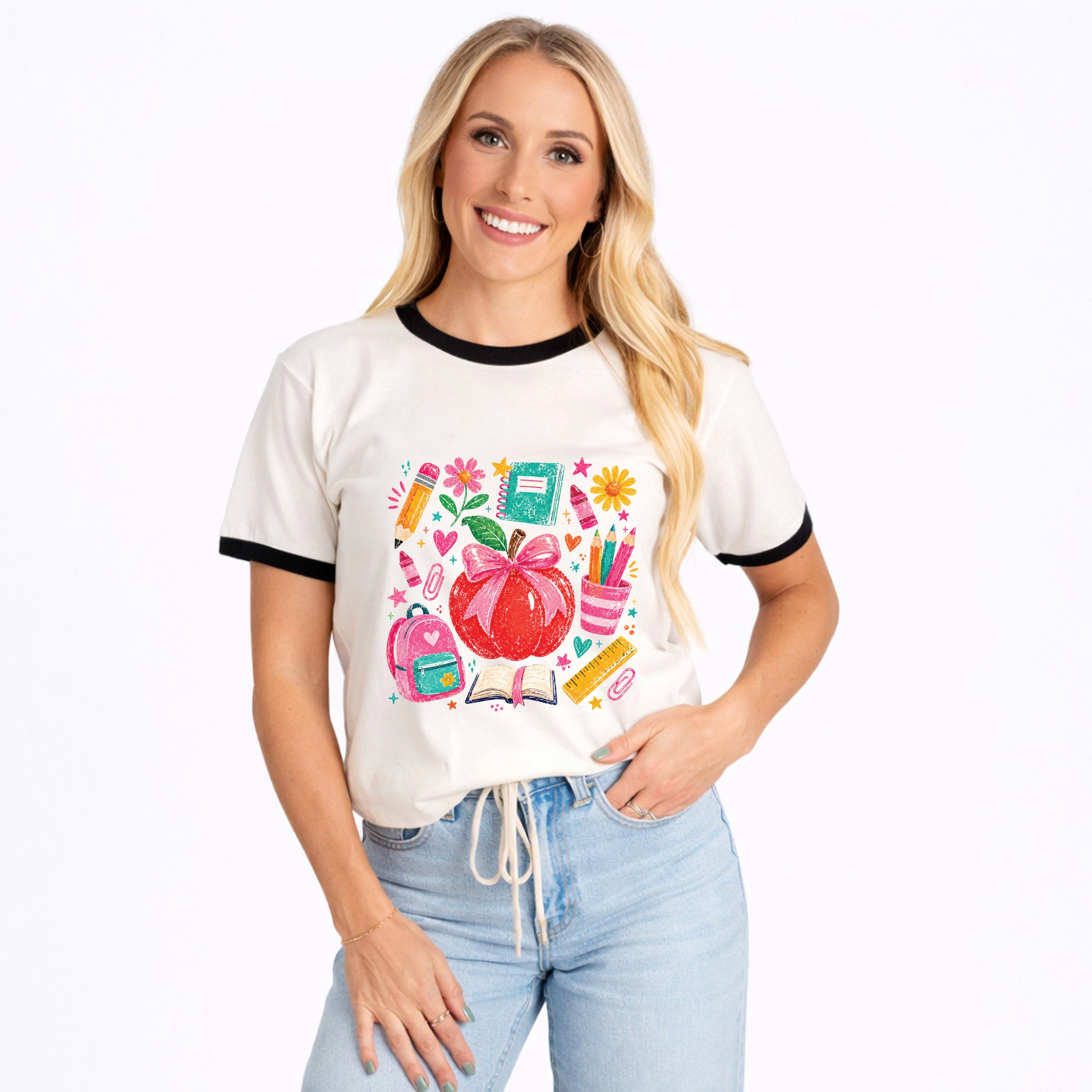 Simply Sage Market - Women's Ringer Graphic T-Shirt Back to School Apple and Supplies