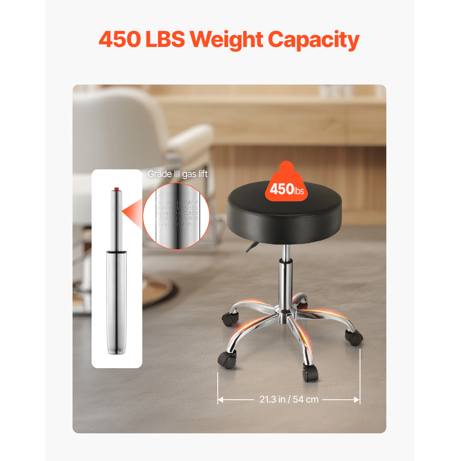 HONGGE Rolling Stool with Wheels 450 LBS Weight Capacity Round Rolling Stool Chair Height Adjustable Thickened PU