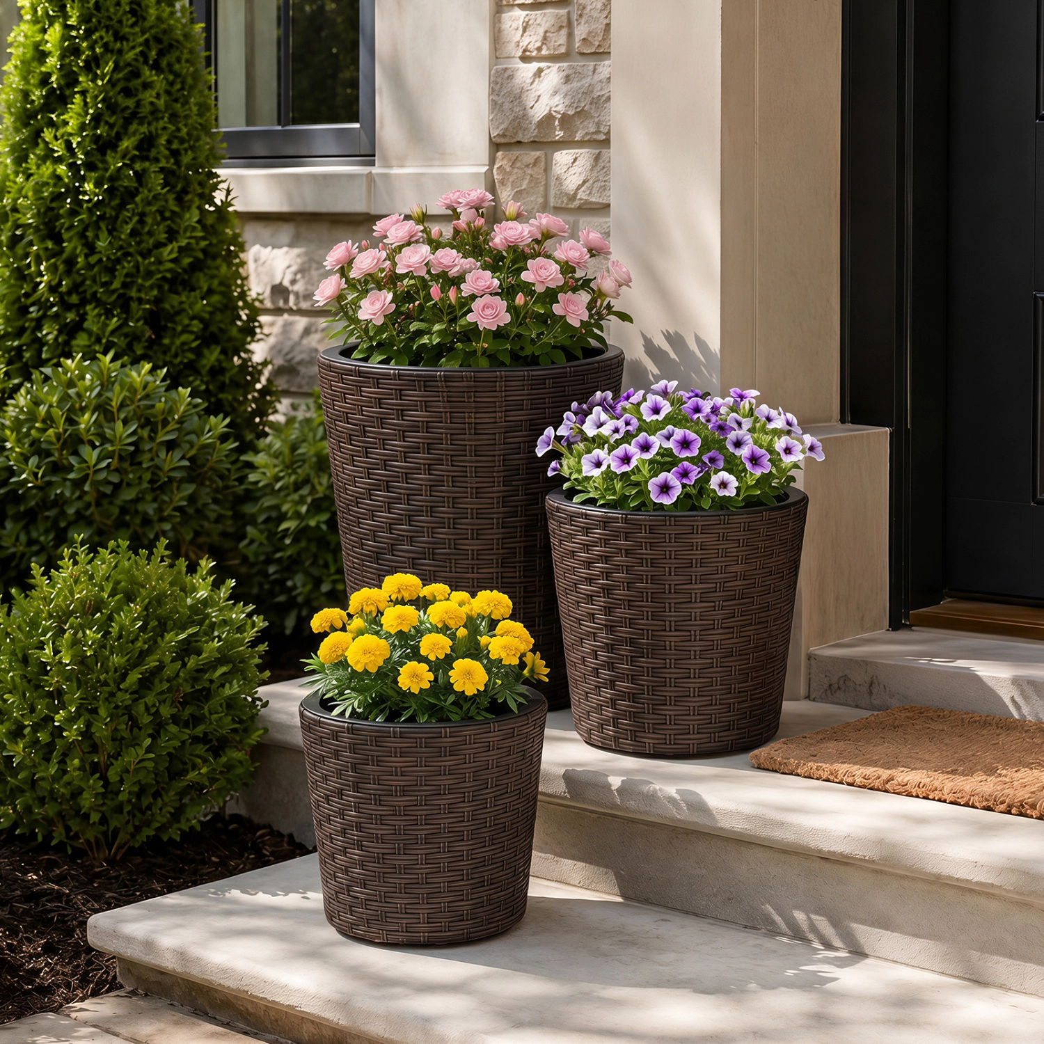 LJG Set of 3 Plastic Planters with Drainage Holes and Saucers for Porch and Garden