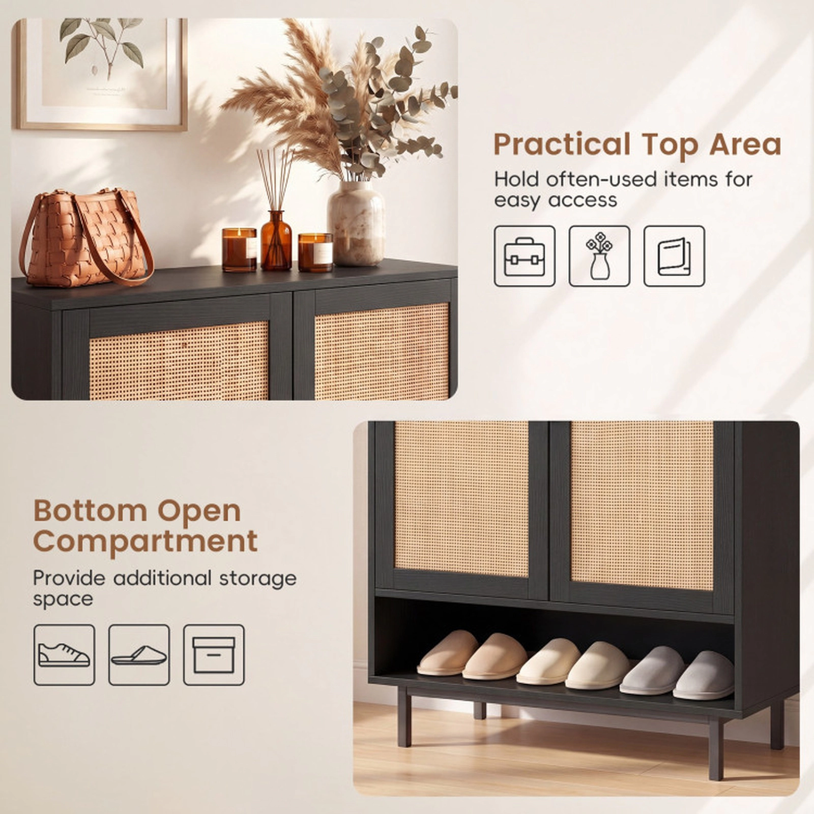 SUGIFT 6-Tier Black 43-in Tall Shoe Cabinet with Double Doors and Raised Metal Legs for Entryway
